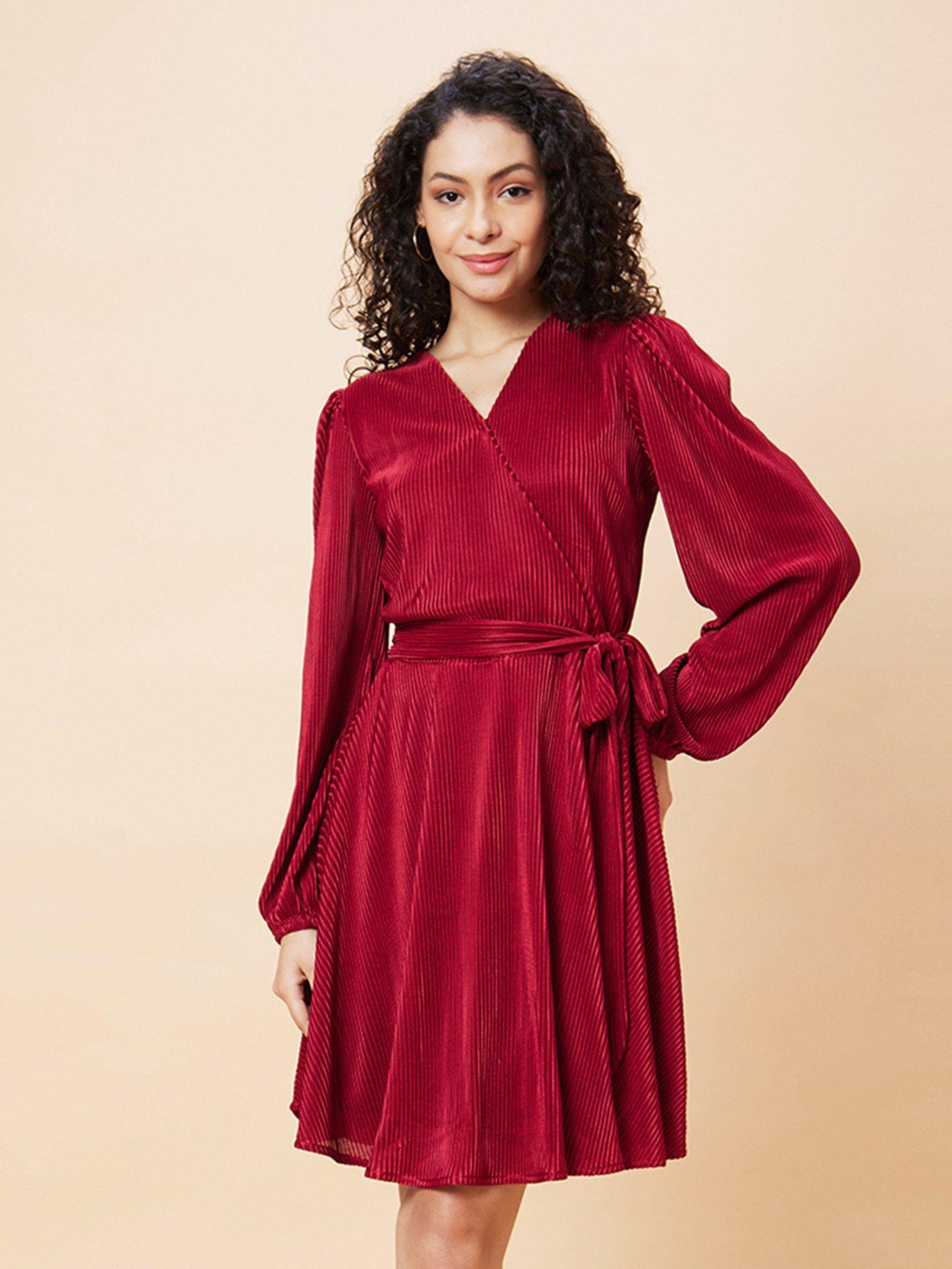 women wine wrap neck bishop sleeves accordion pleated belted a-line dress