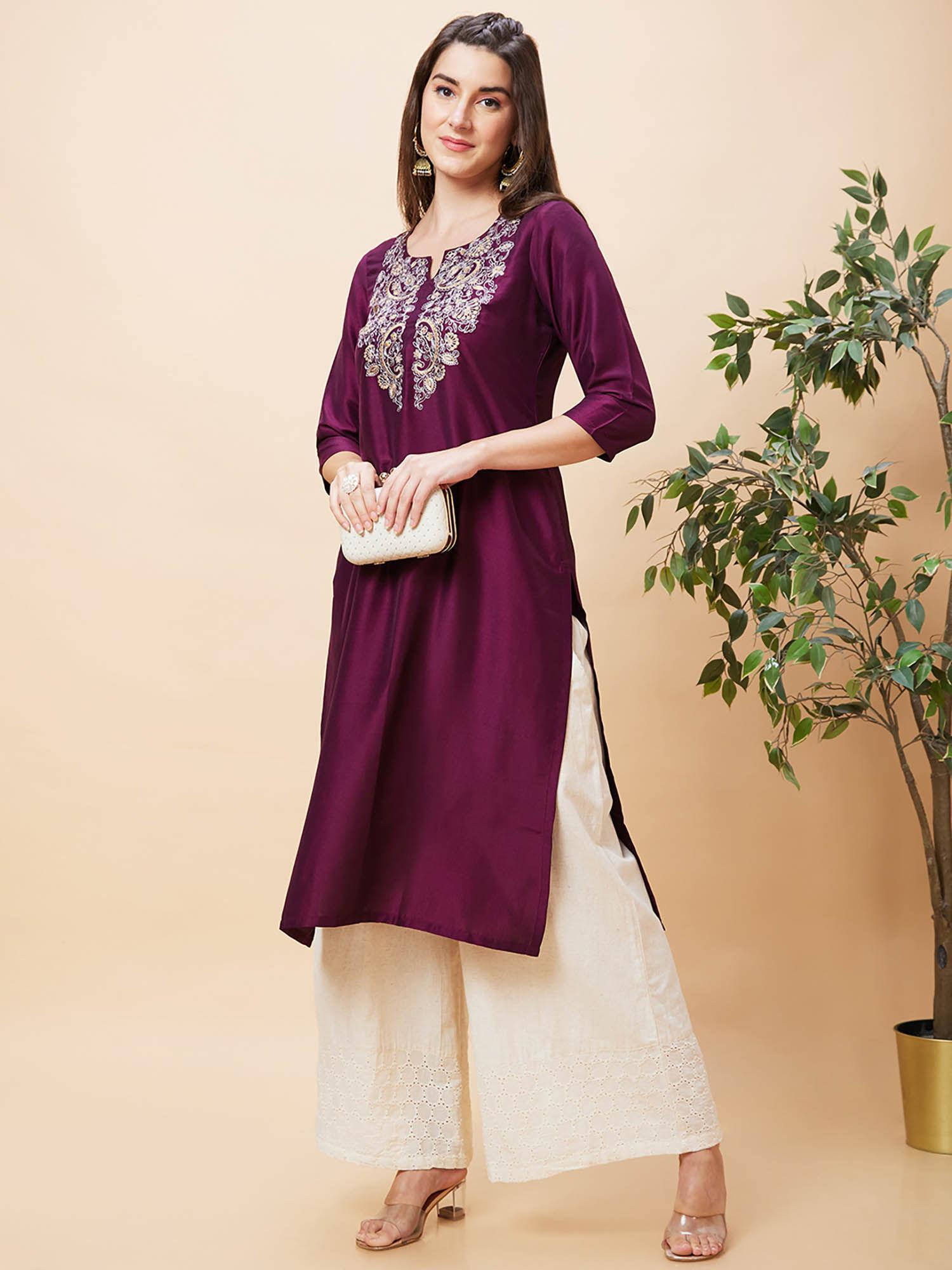 women wine yoke embroidered round neck straight kurta