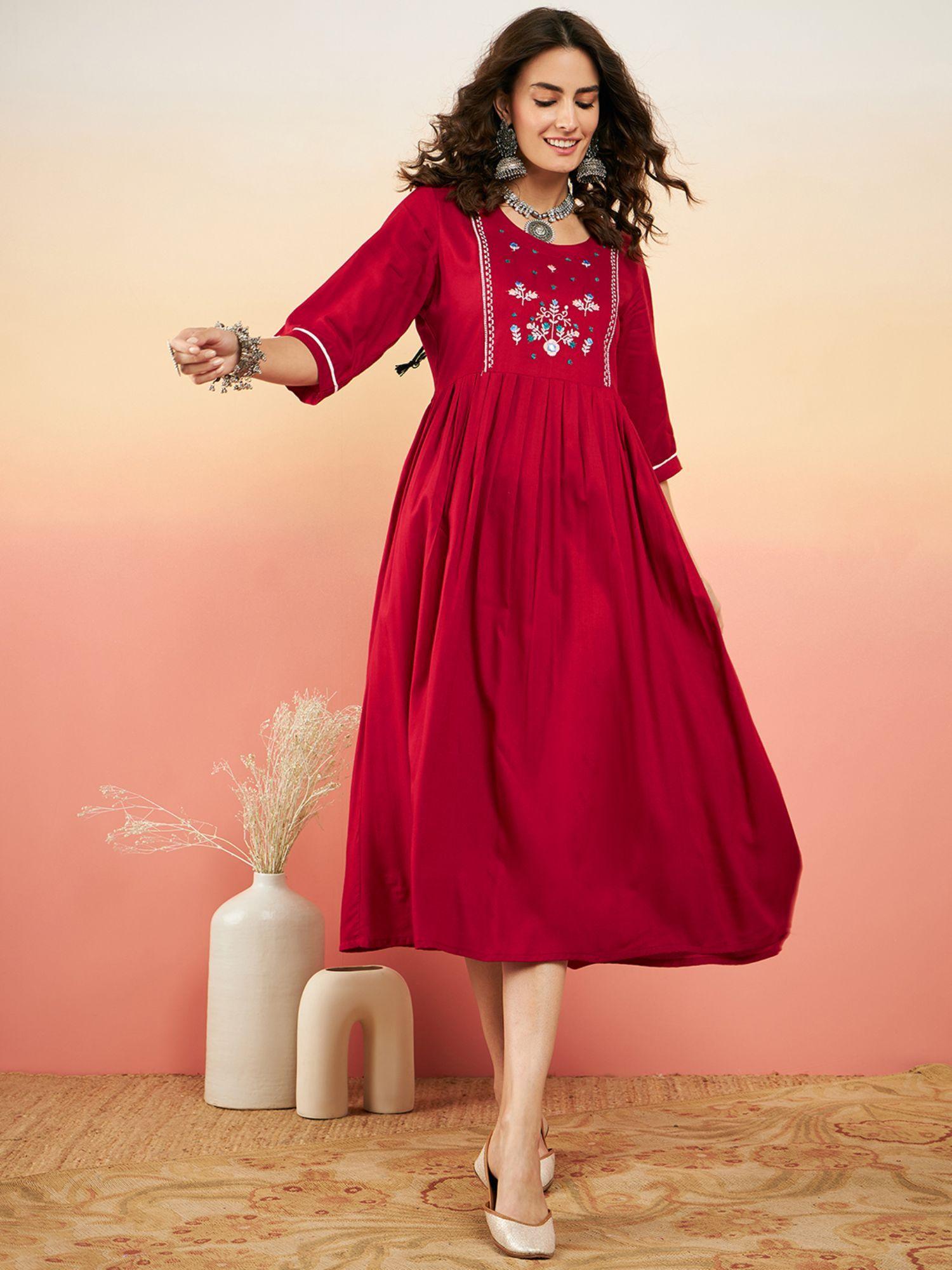 women wine yoke embroidery fit & flare dress