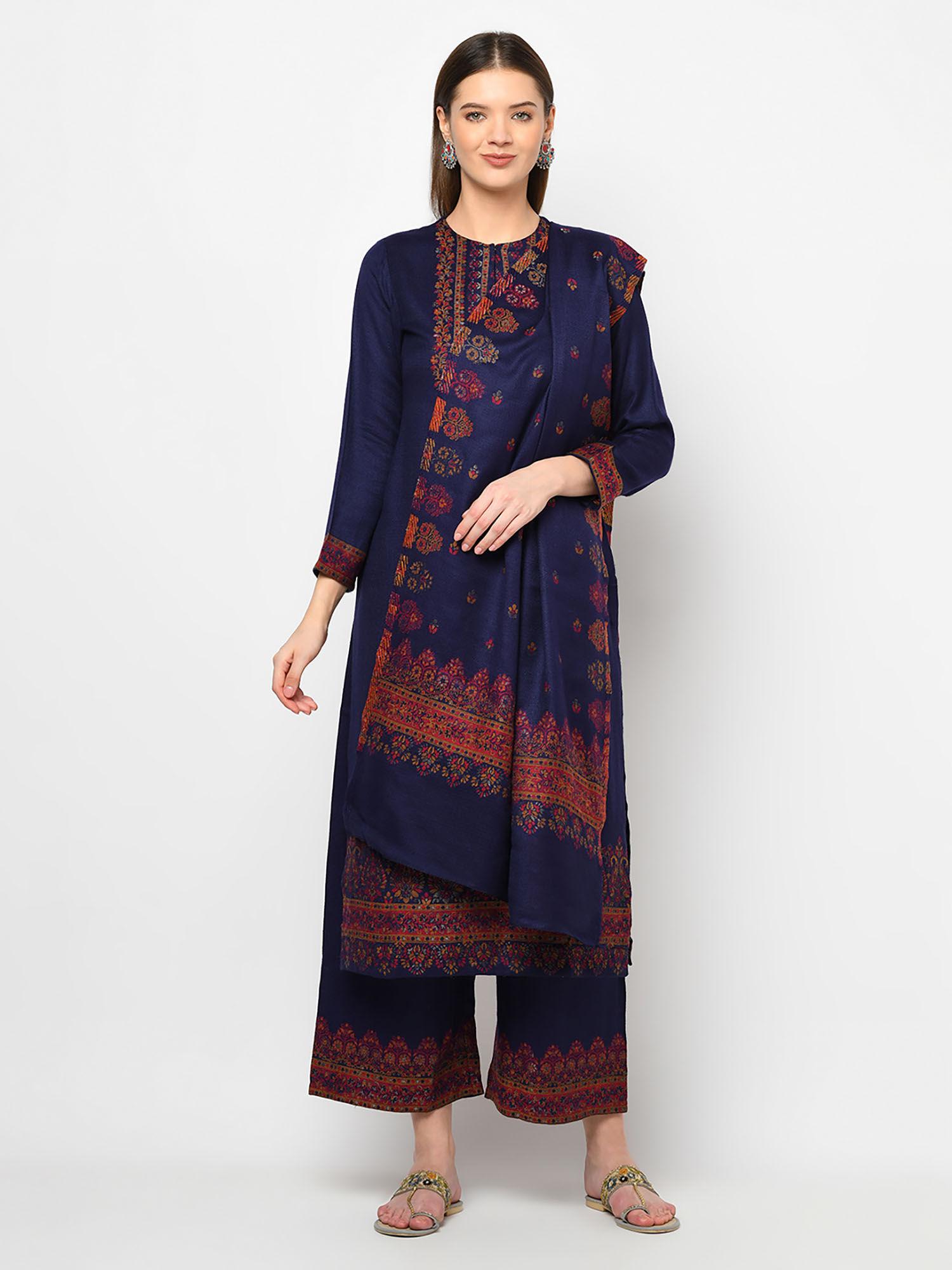 women winter acro wool woven suit with shawl unstitched dress material (set of 2)