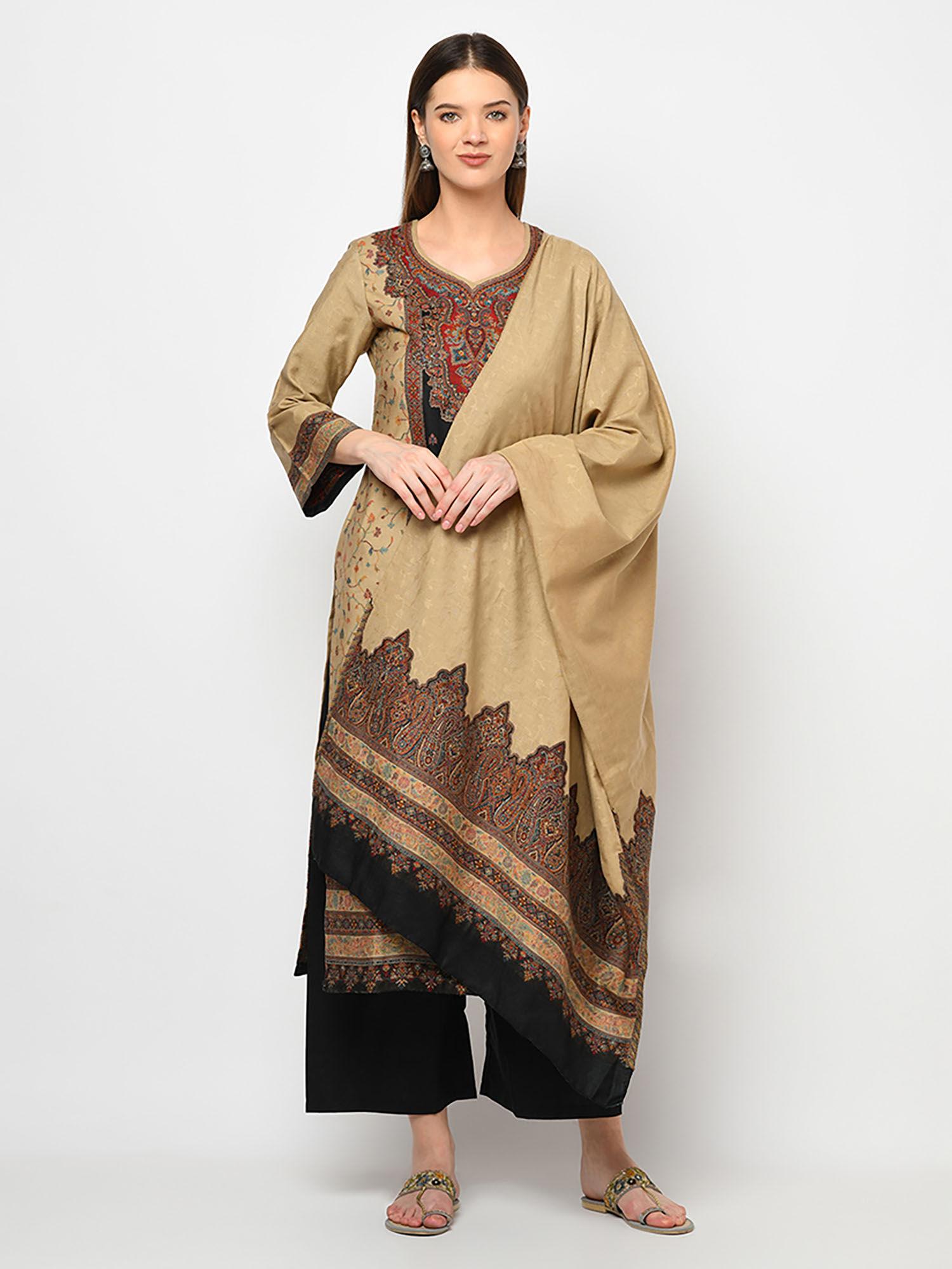 women winter acro wool woven suit with stole unstitched dress material (set of 2)