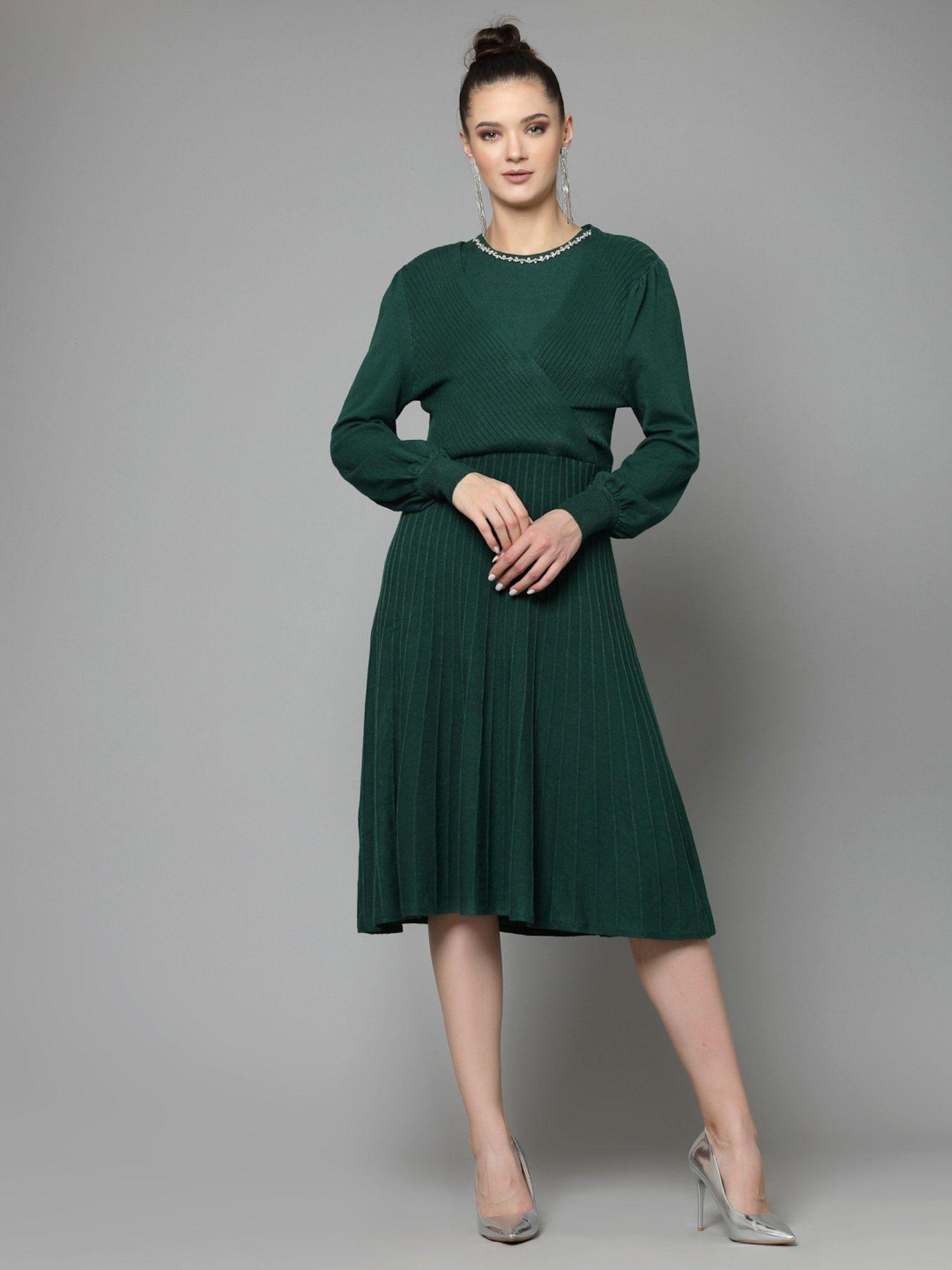 women winter wear green stylish dress