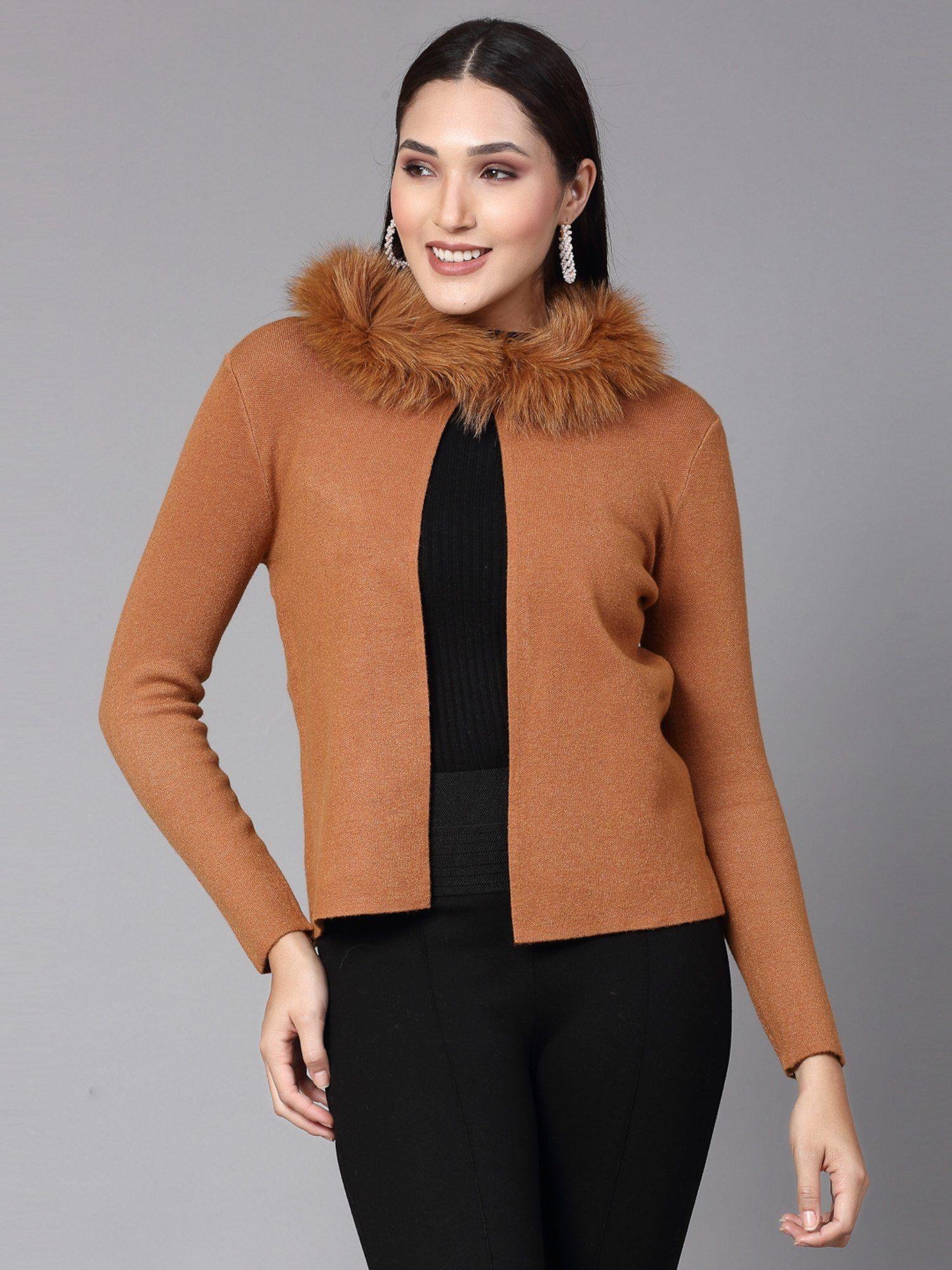 women winter wear khaki furry shrug