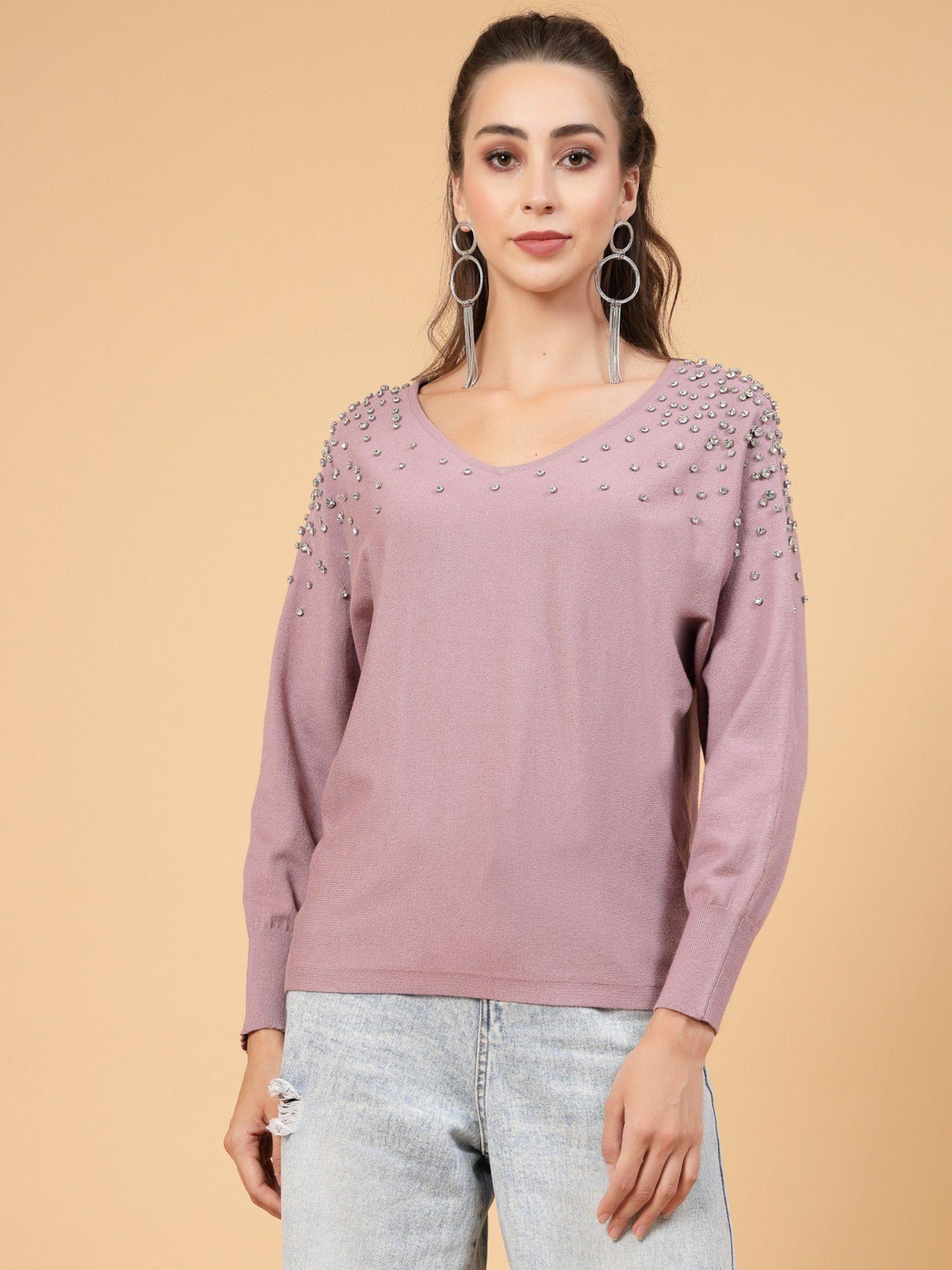 women winter wear mauve top embellished details