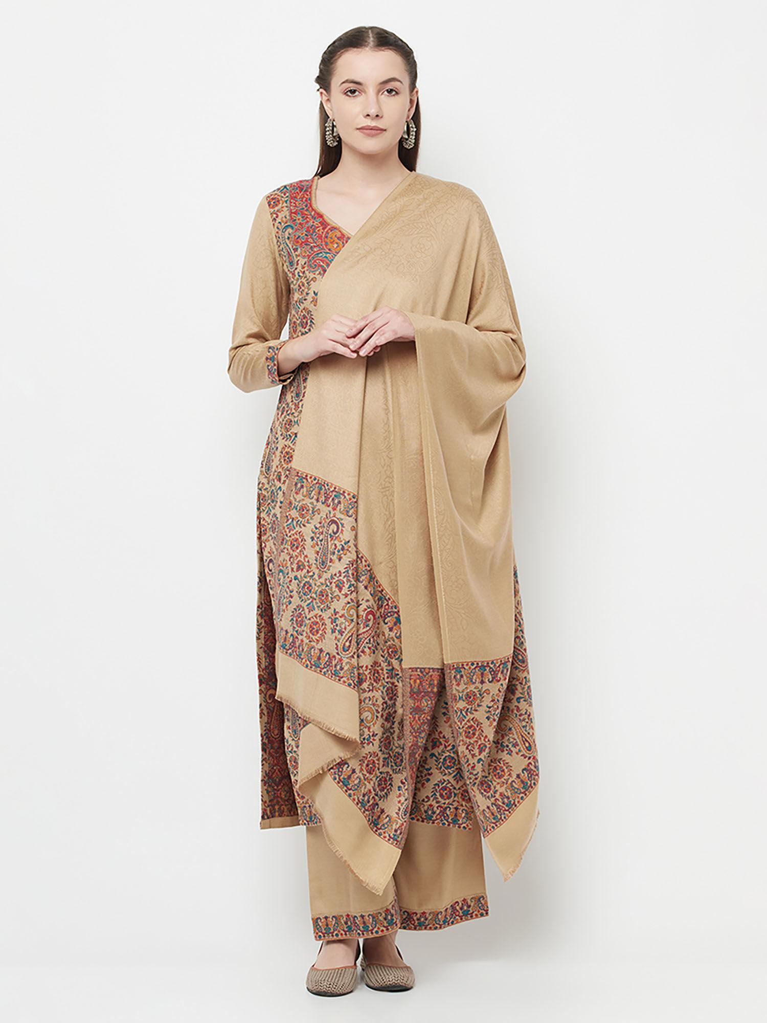 women winter wear rayon acro wool kurta and palazzo unstitched material with dupatta-beige