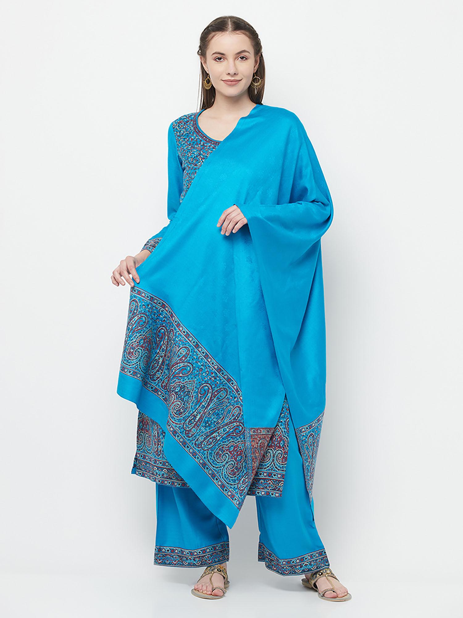 women winter wear rayon acro wool kurta and palazzo unstitched material with dupatta-blue