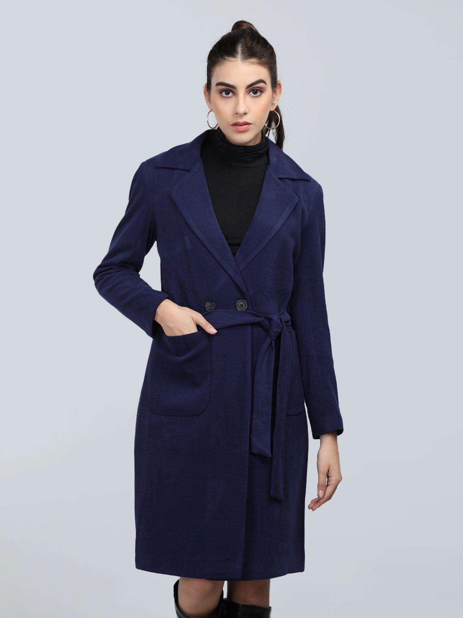 women winter wear stylish navy blue coat with belt (set of 2)