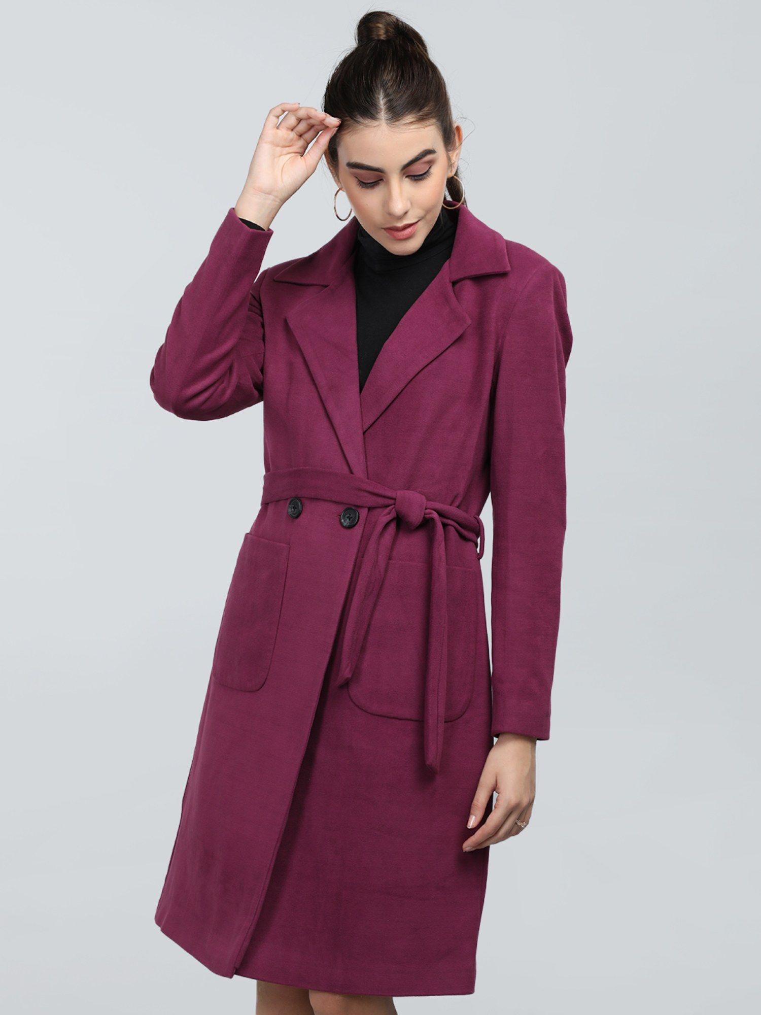 women winter wear stylish purple coat with belt (set of 2)