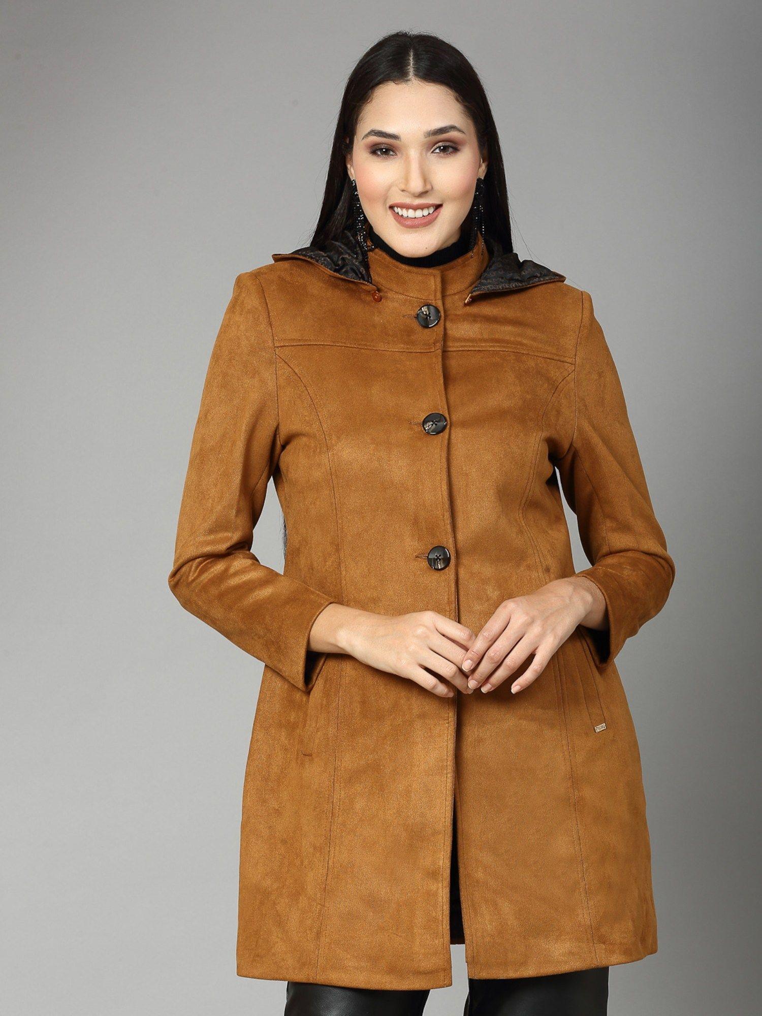 women winterwear brown longline hooded overcoat