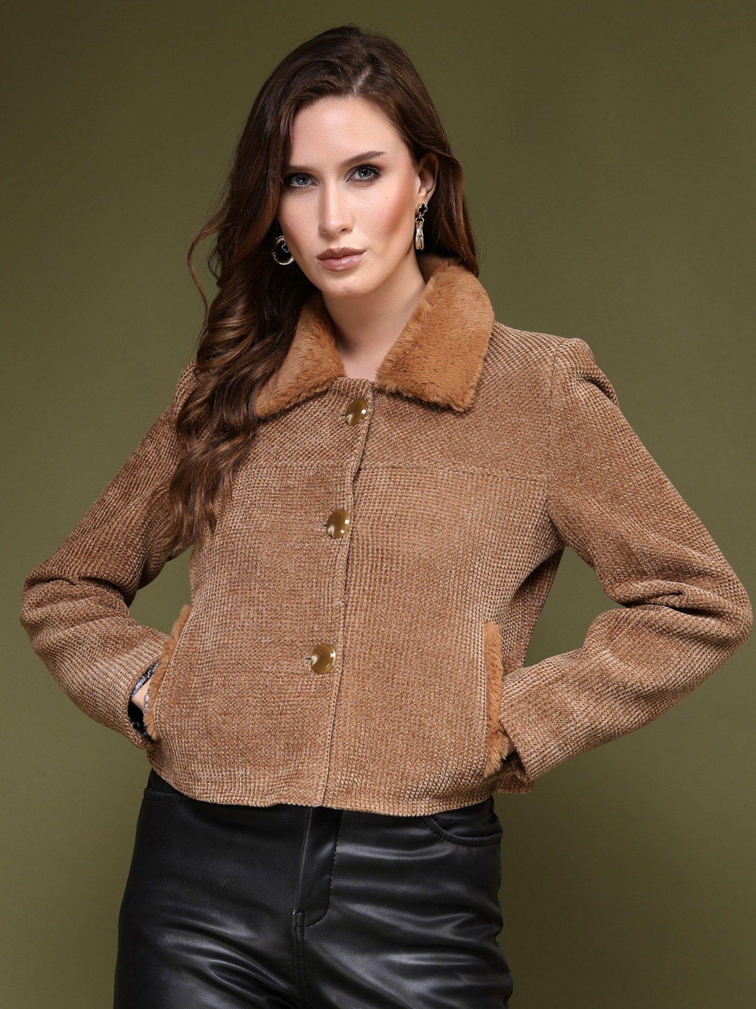 women winterwear brown textured pea coat