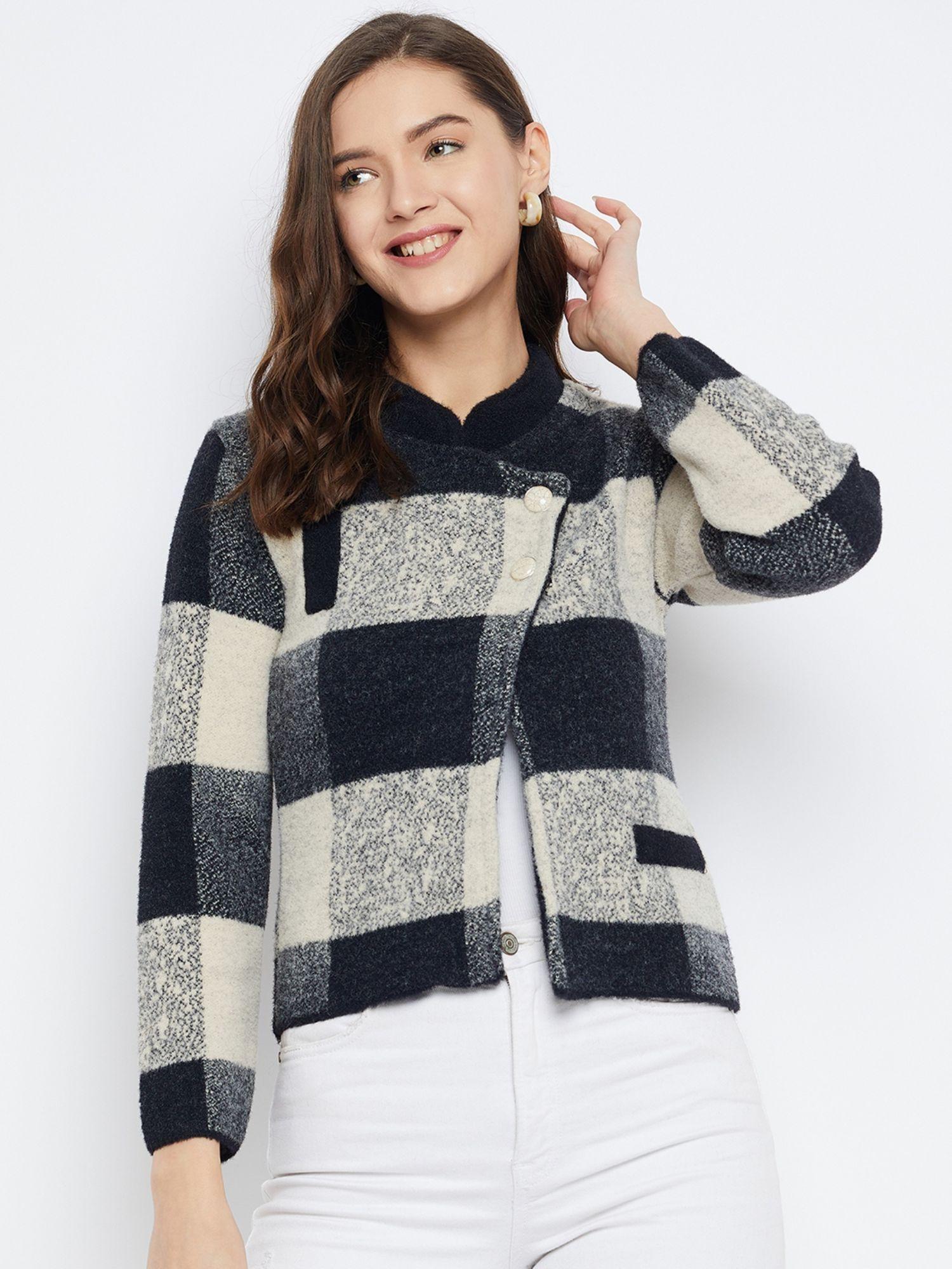 women winterwear check camal woollen short cardigan