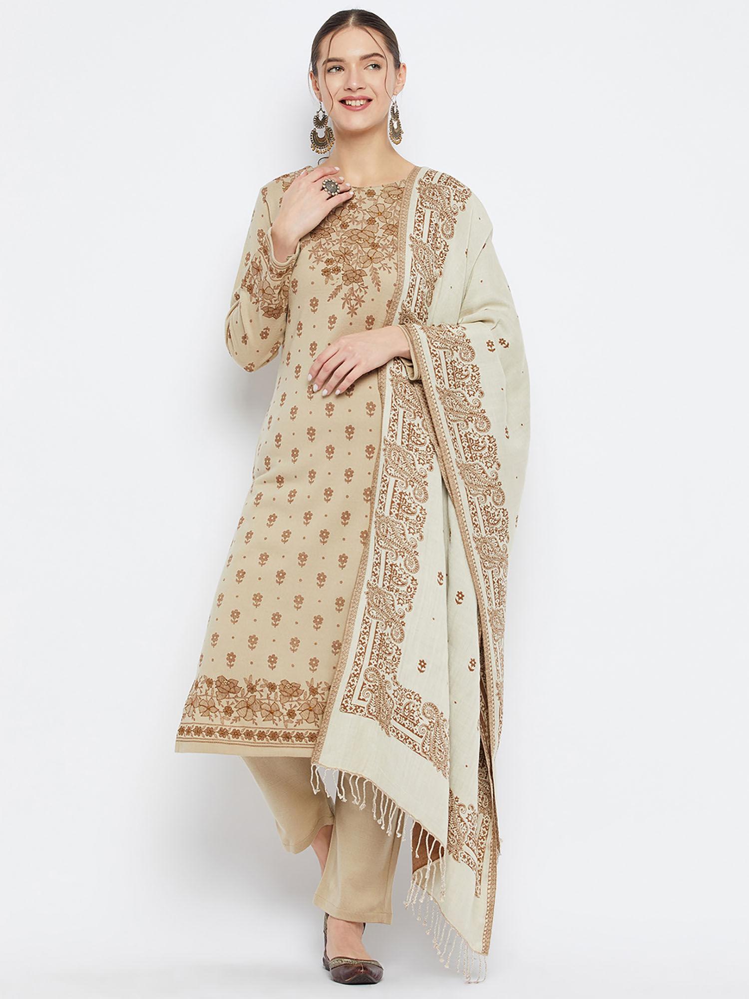 women winterwear embroidered beige kurta & pant with shawl (set of 3)