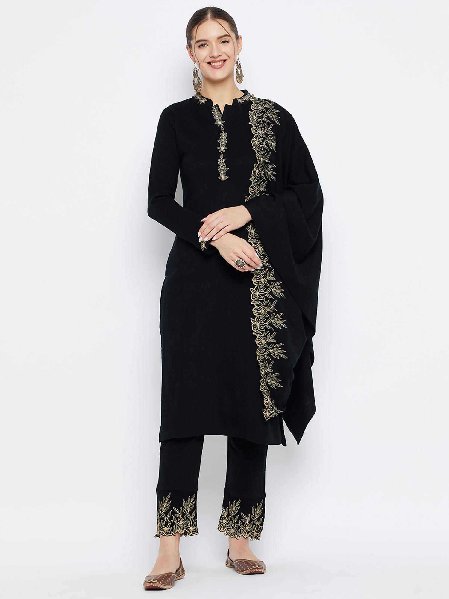 women winterwear embroidered black kurta & pant with shawl (set of 3)