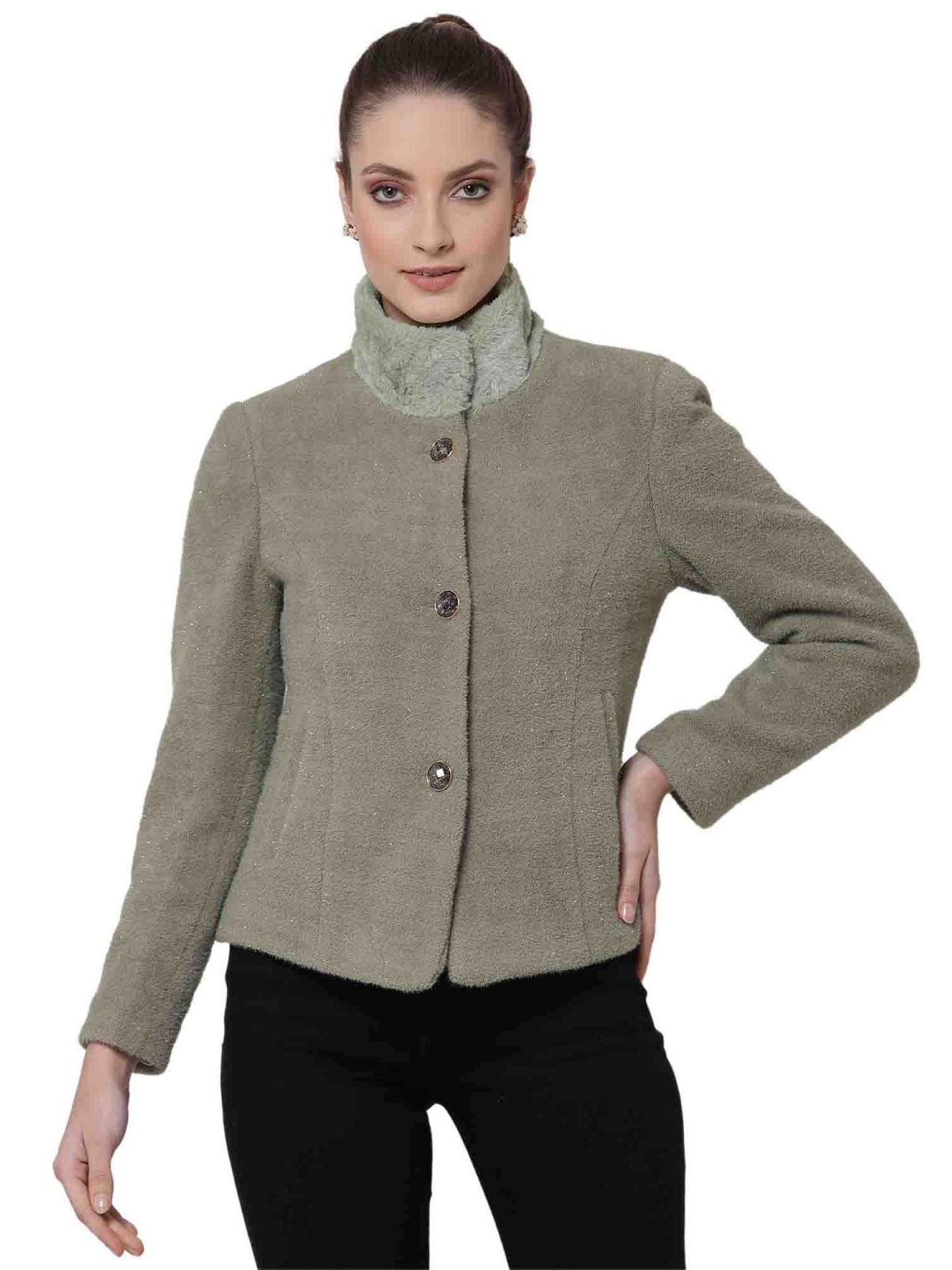 women winterwear green solid pea coat