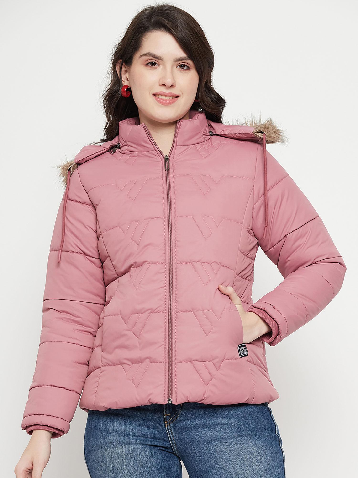 women winterwear mauve solid full sleeves hooded jacket