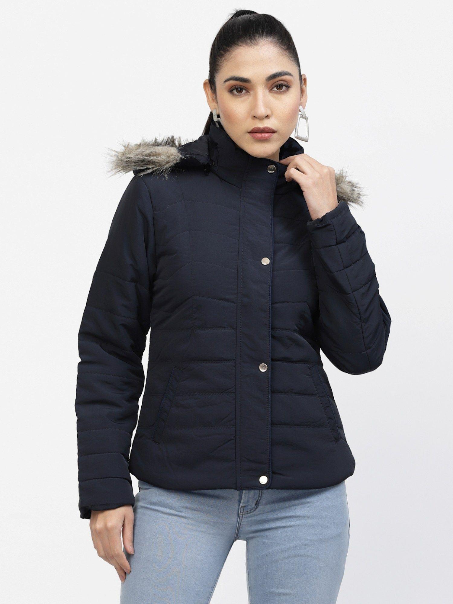 women winterwear navy blue parka jacket