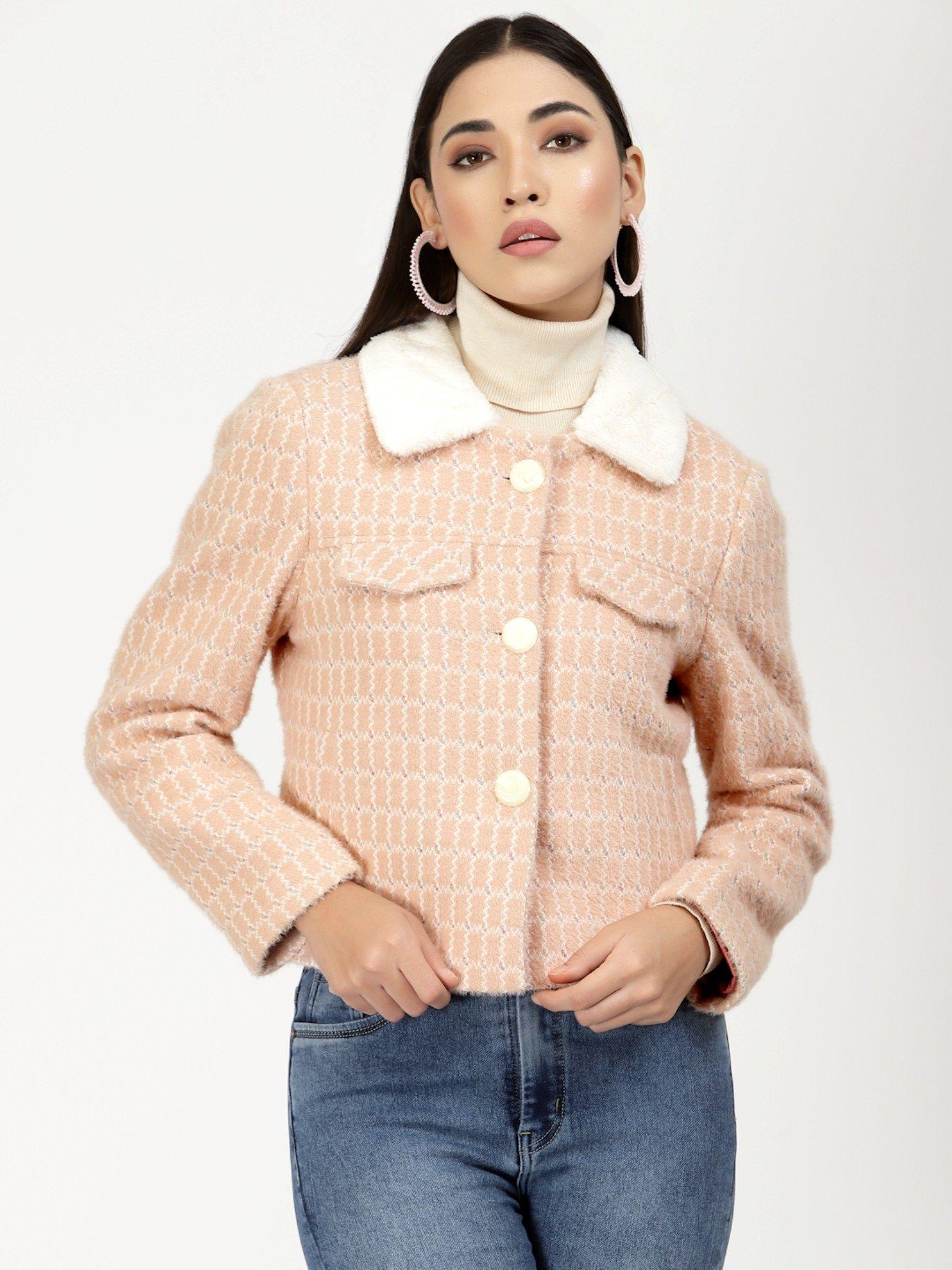 women winterwear peach checked over coat