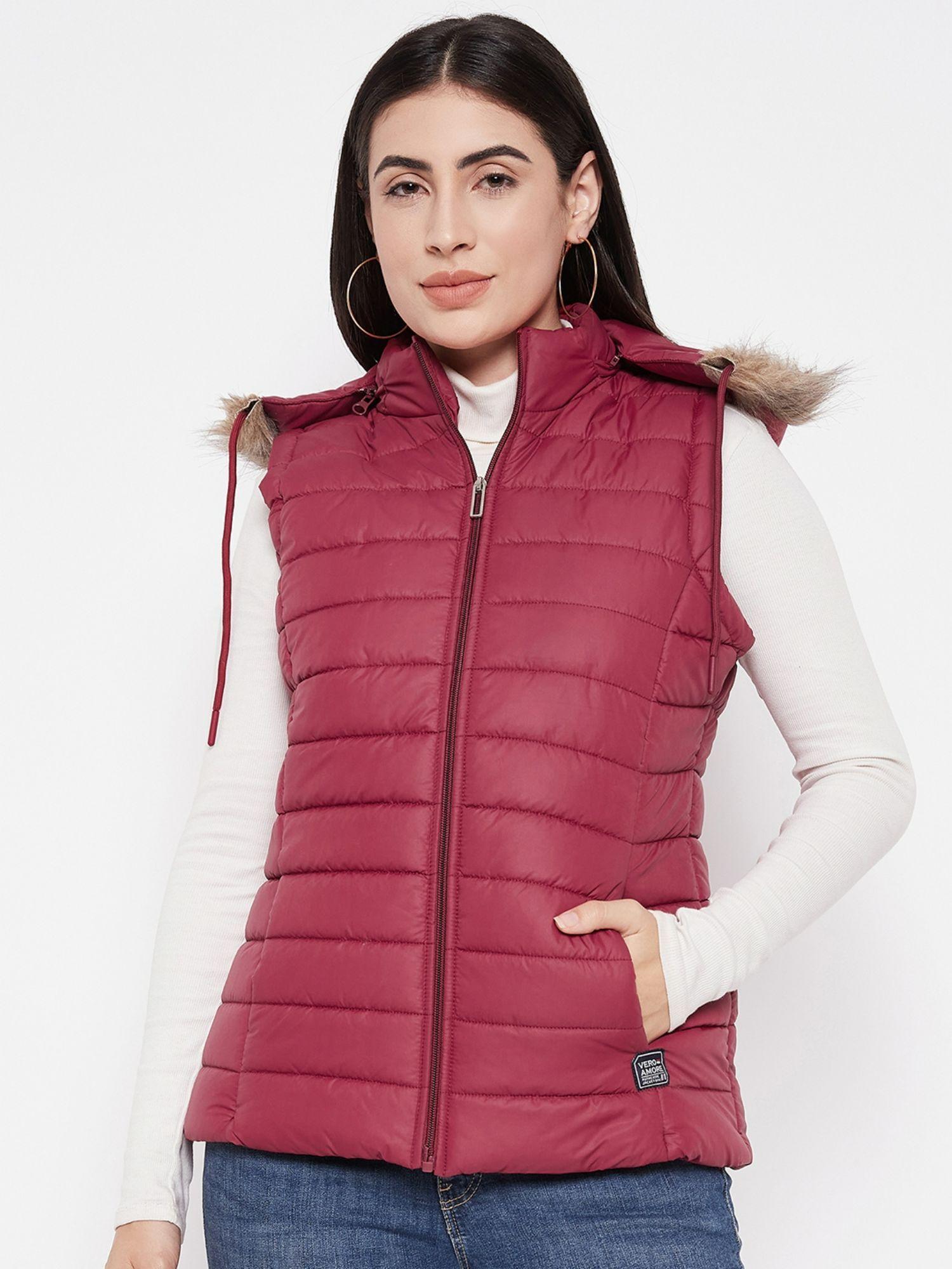 women winterwear sleevless jacket-maroon