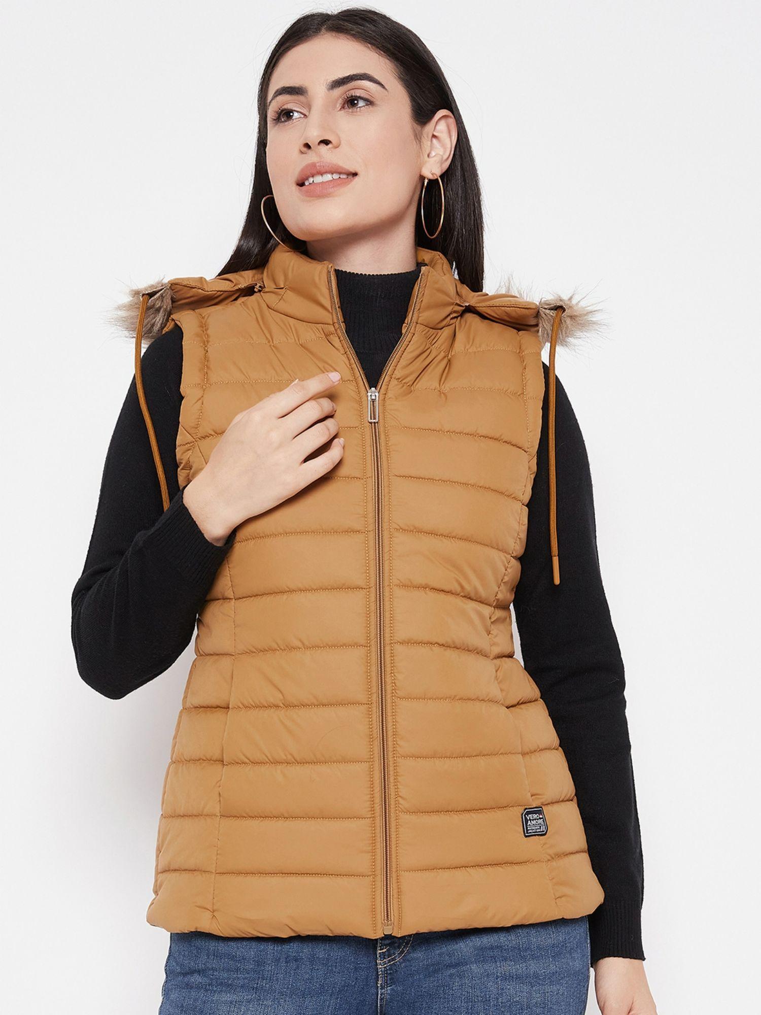 women winterwear sleevless jacket-mustard