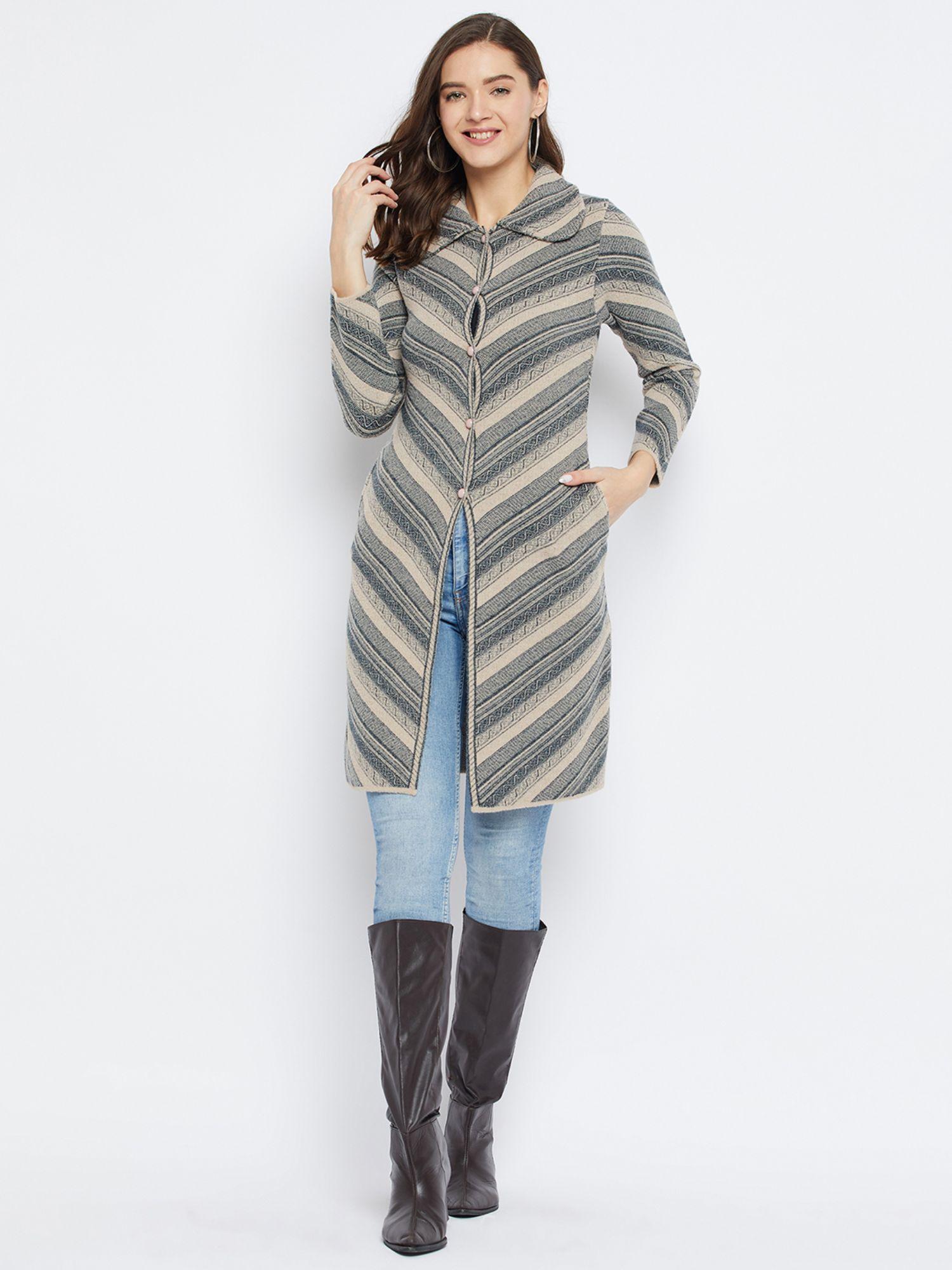 women winterwear striper beige woollen over long cardigan