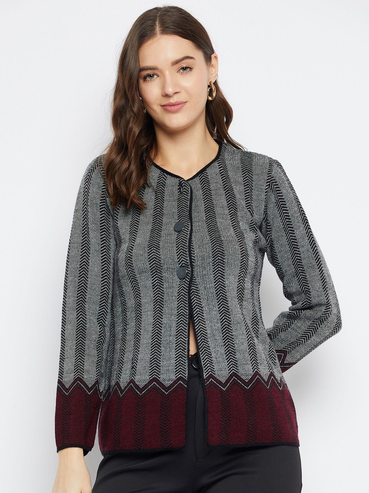 women winterwear striper black grey woollen cardigan