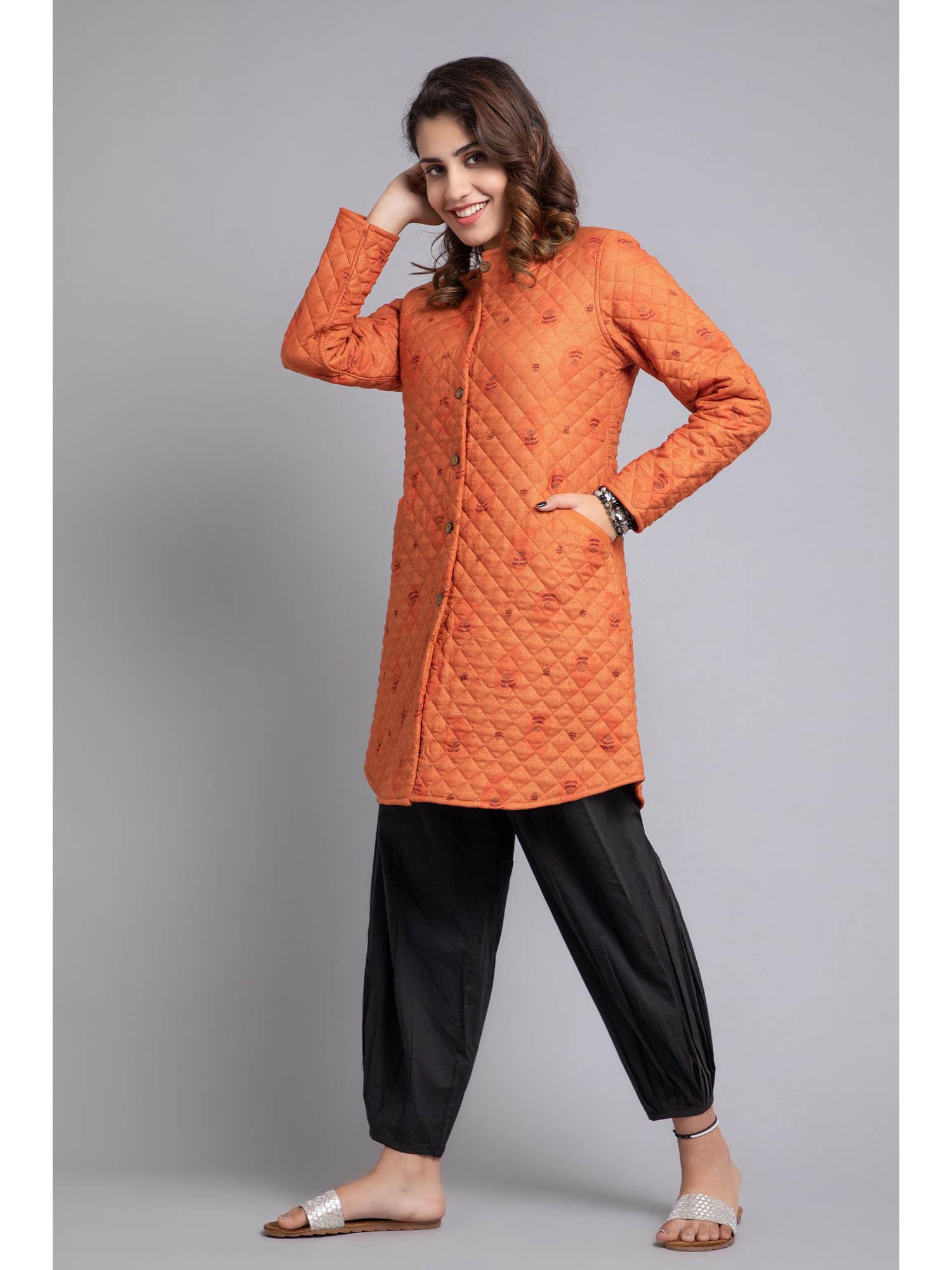 women wolen printed quilted full sleeves jacket orange