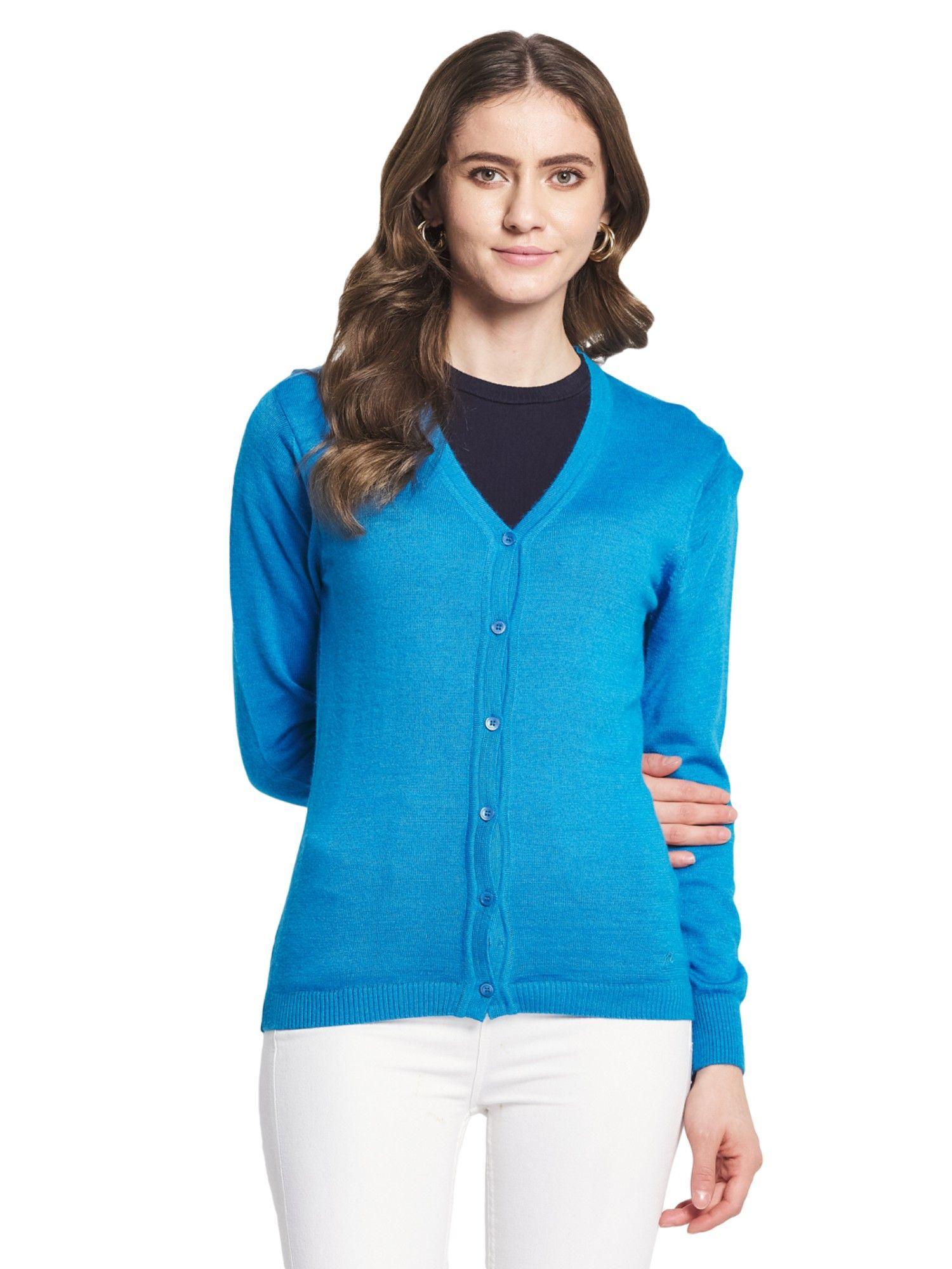 women wool blend blue solid v-neck cardigan