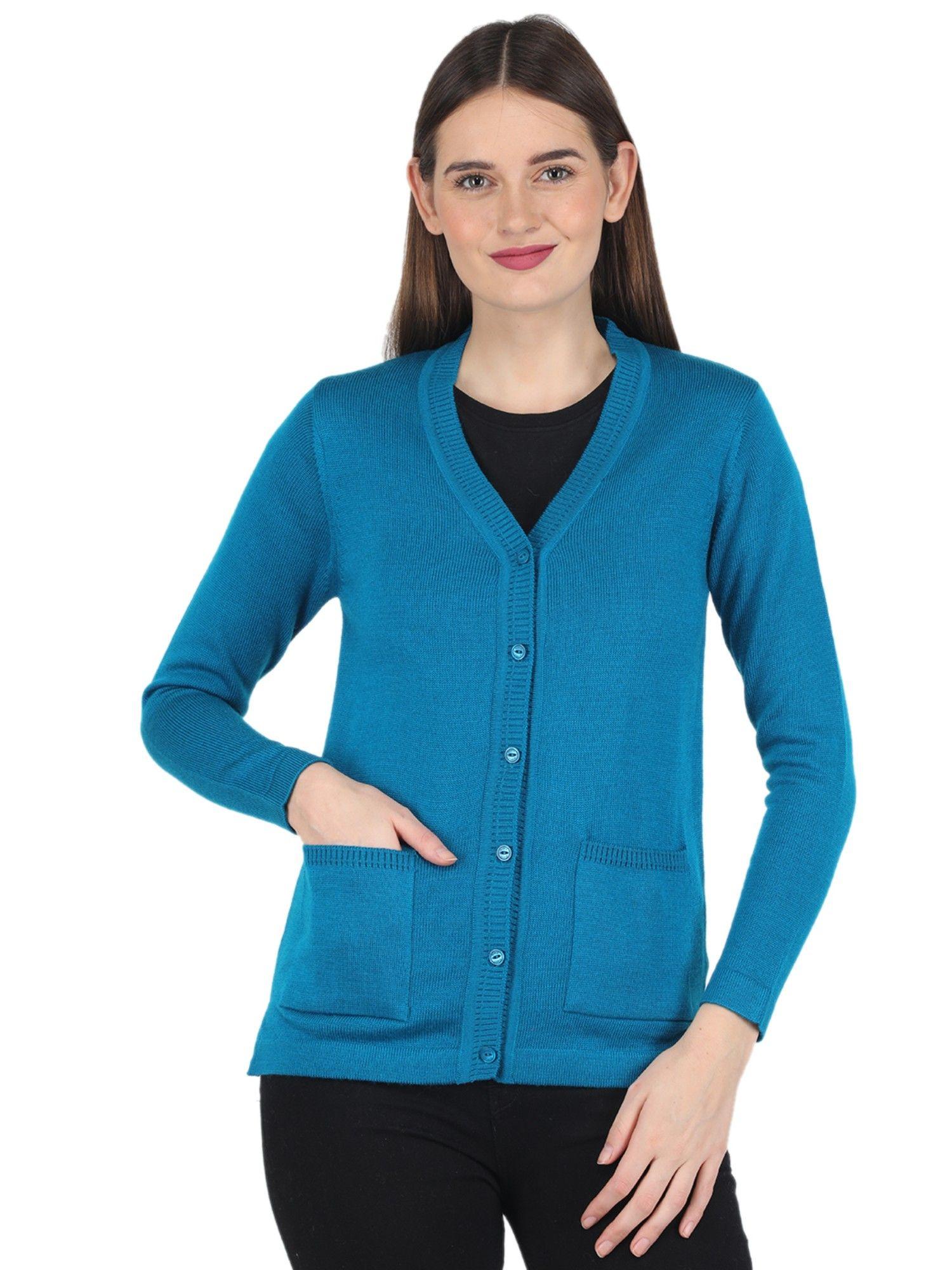 women wool blue solid v-neck cardigan