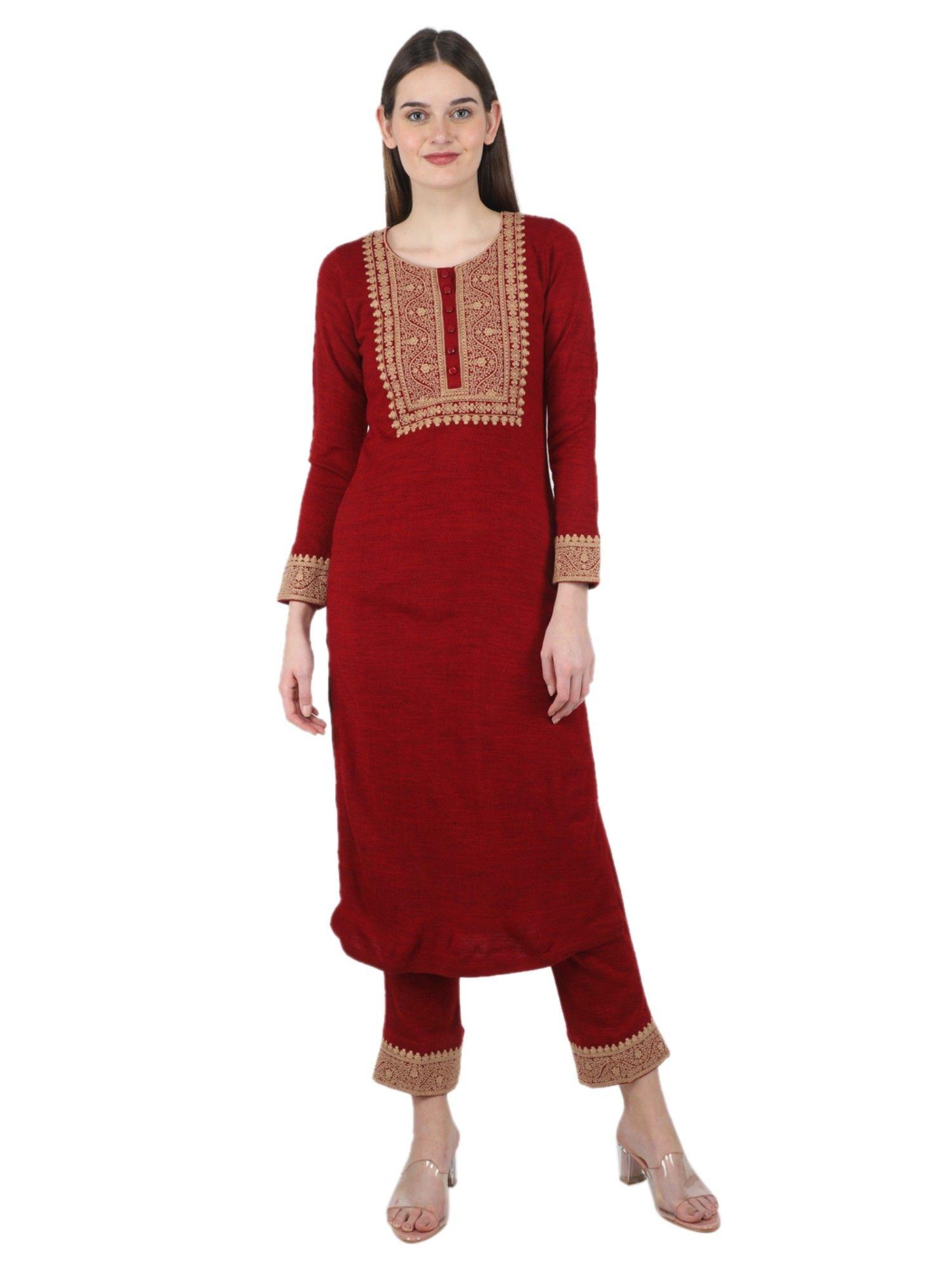 women wool maroon embroidered round neck co-ord (set of 2)