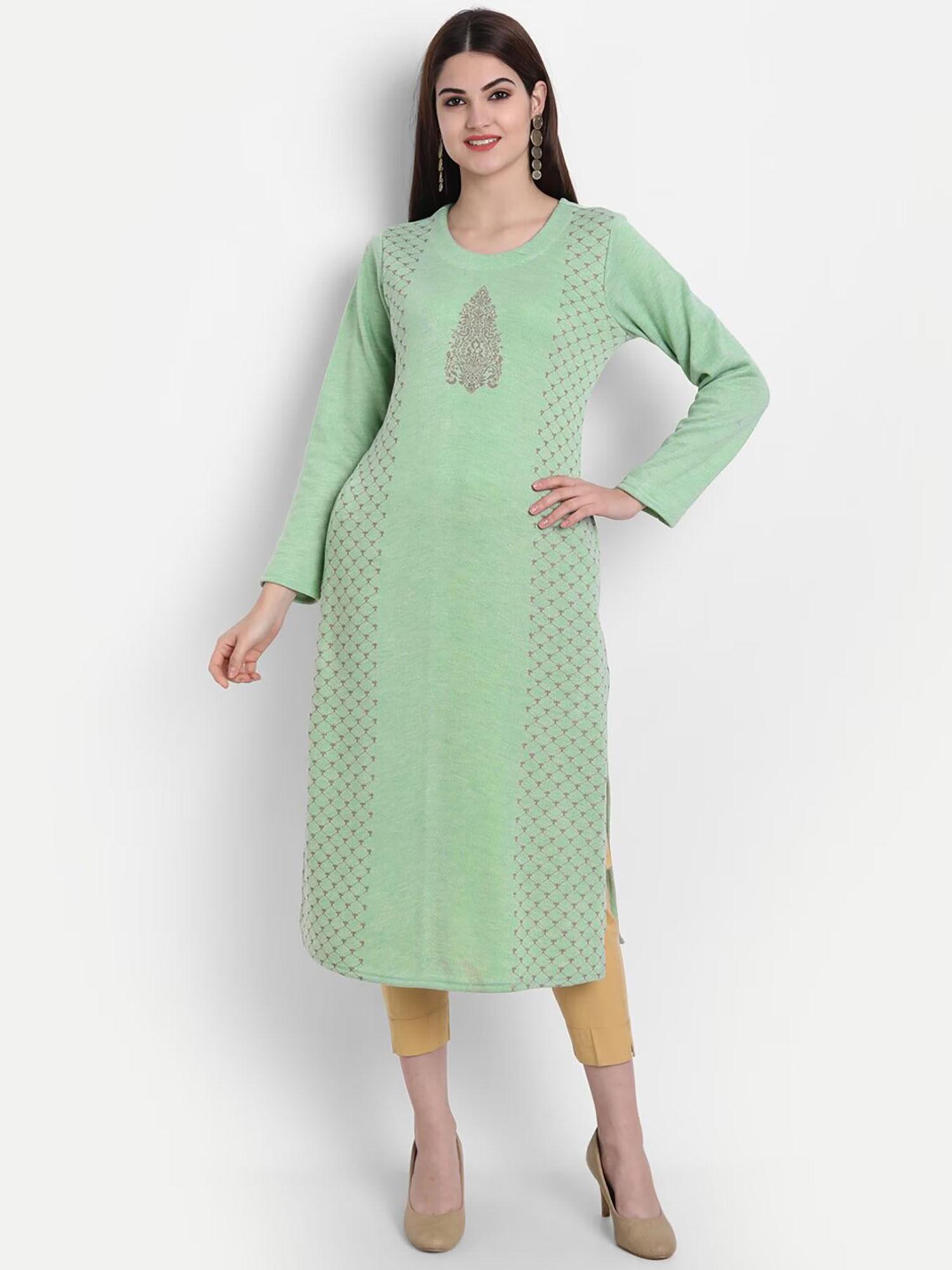 women woolen gold print straight kurta - green