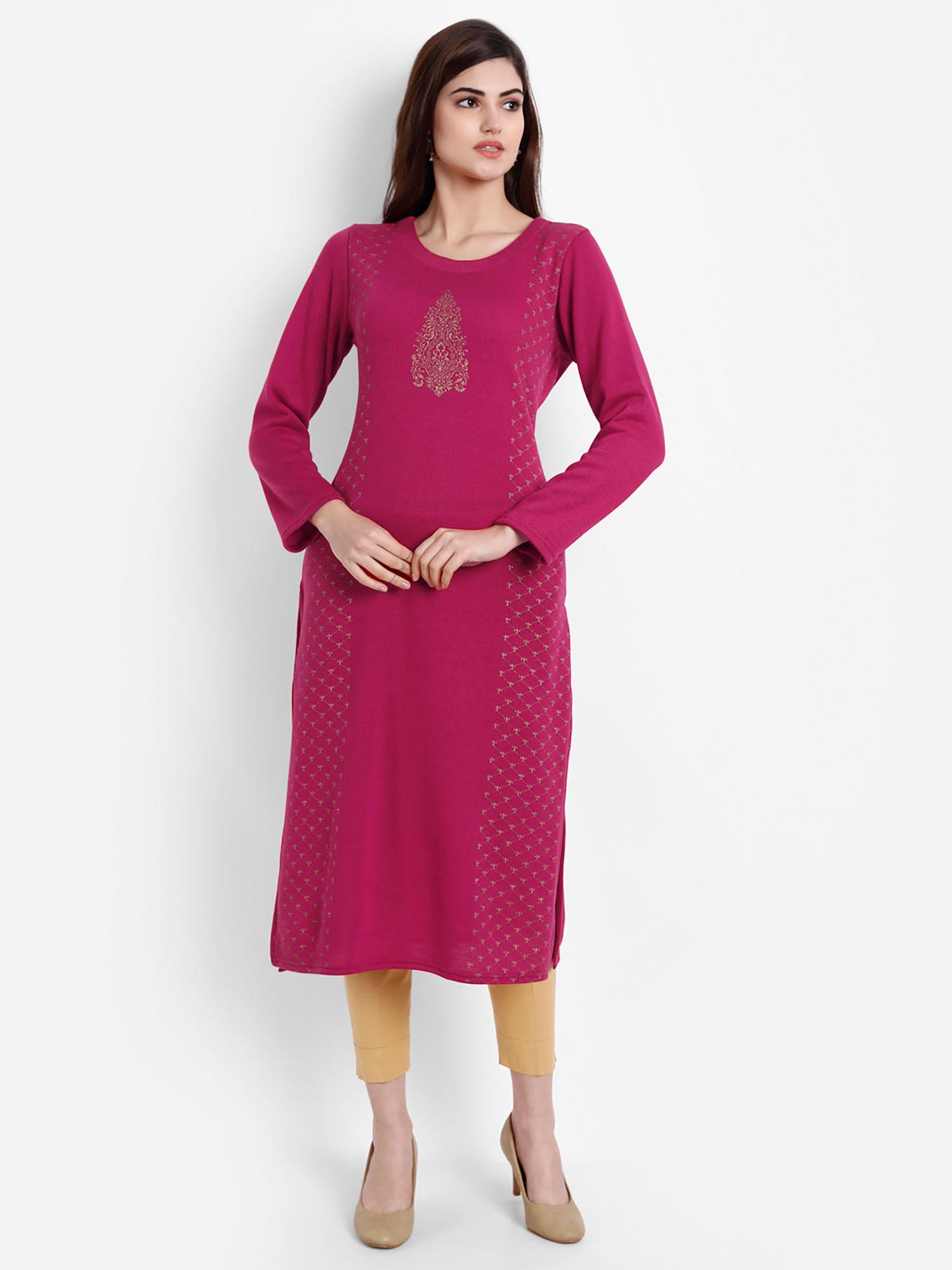 women woolen gold printed a line kurta magenta