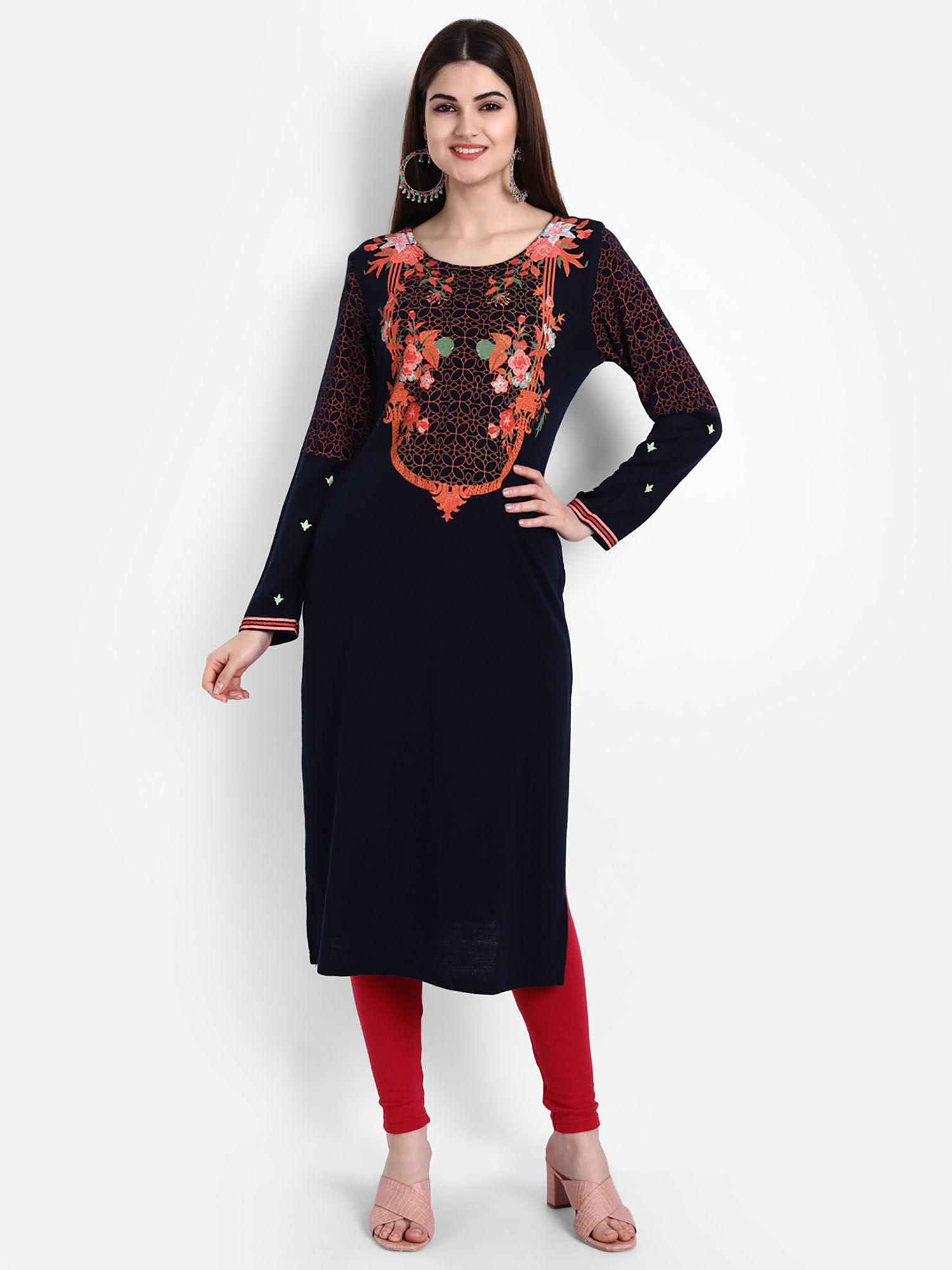 women woolen long floral printed straight kurta navy blue