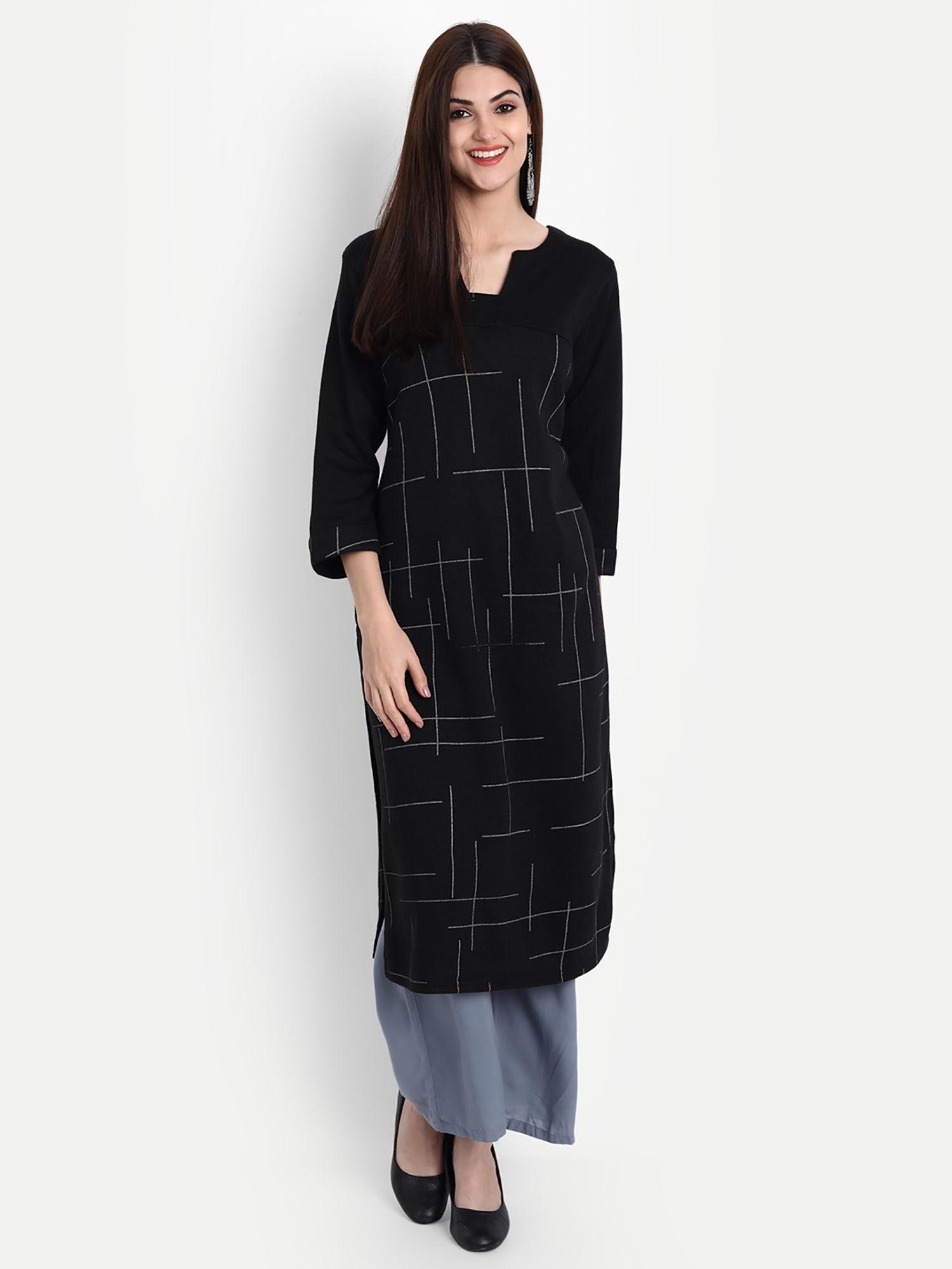 women woolen printed a line kurta black