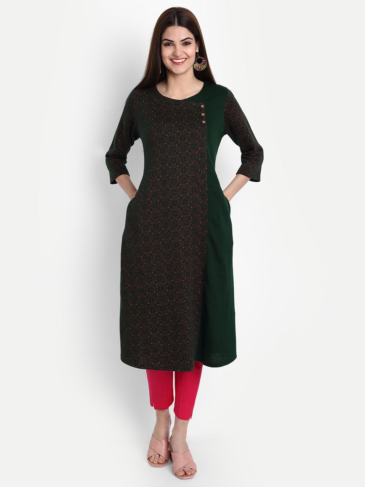 women woolen printed a line kurta bottle green