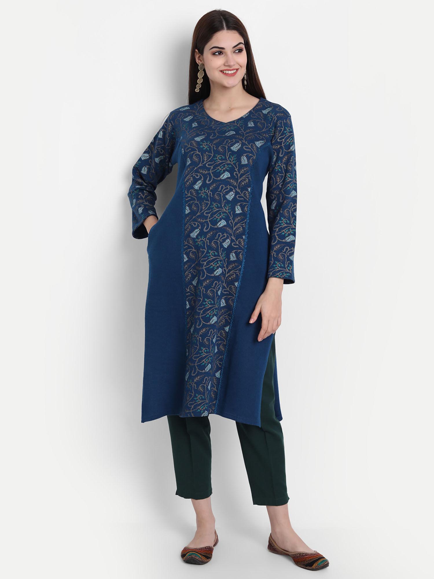 women woolen printed a line kurta classic blue