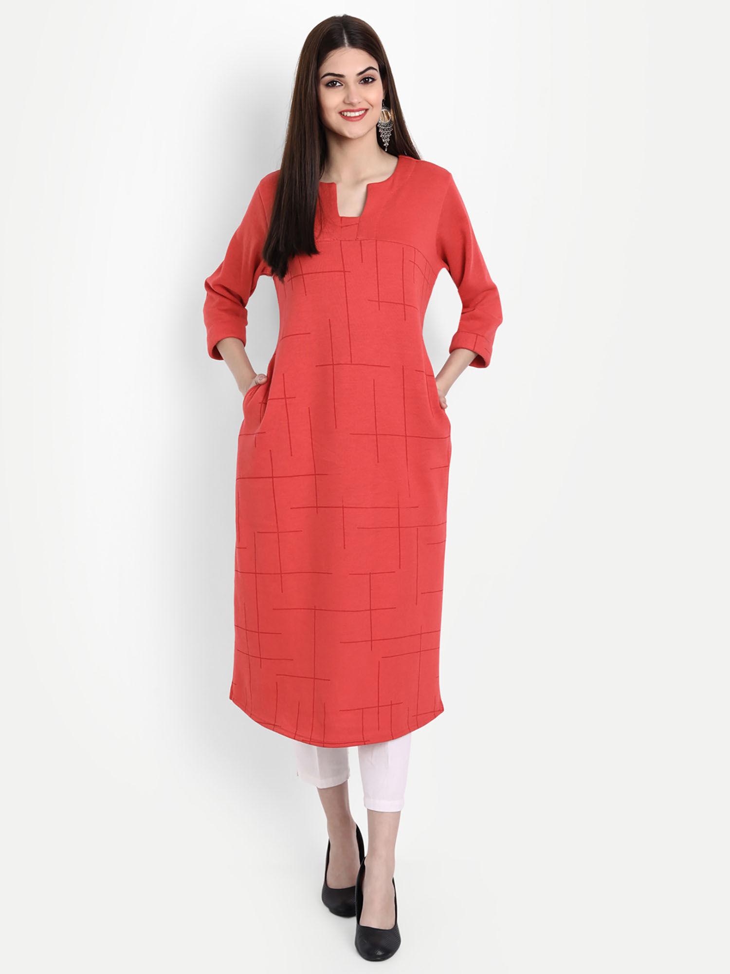 women woolen printed a line kurta coral red