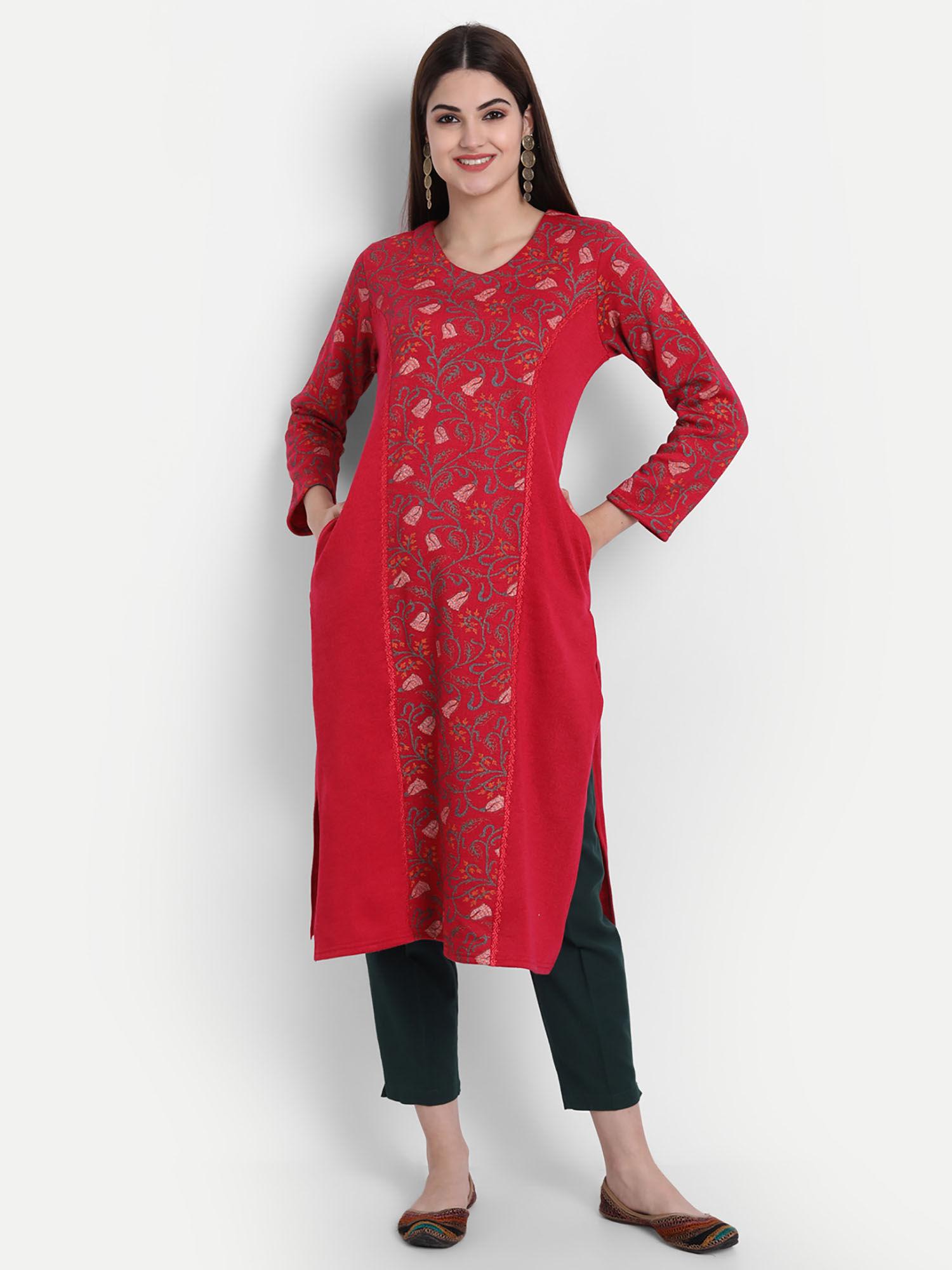 women woolen printed a line kurta red