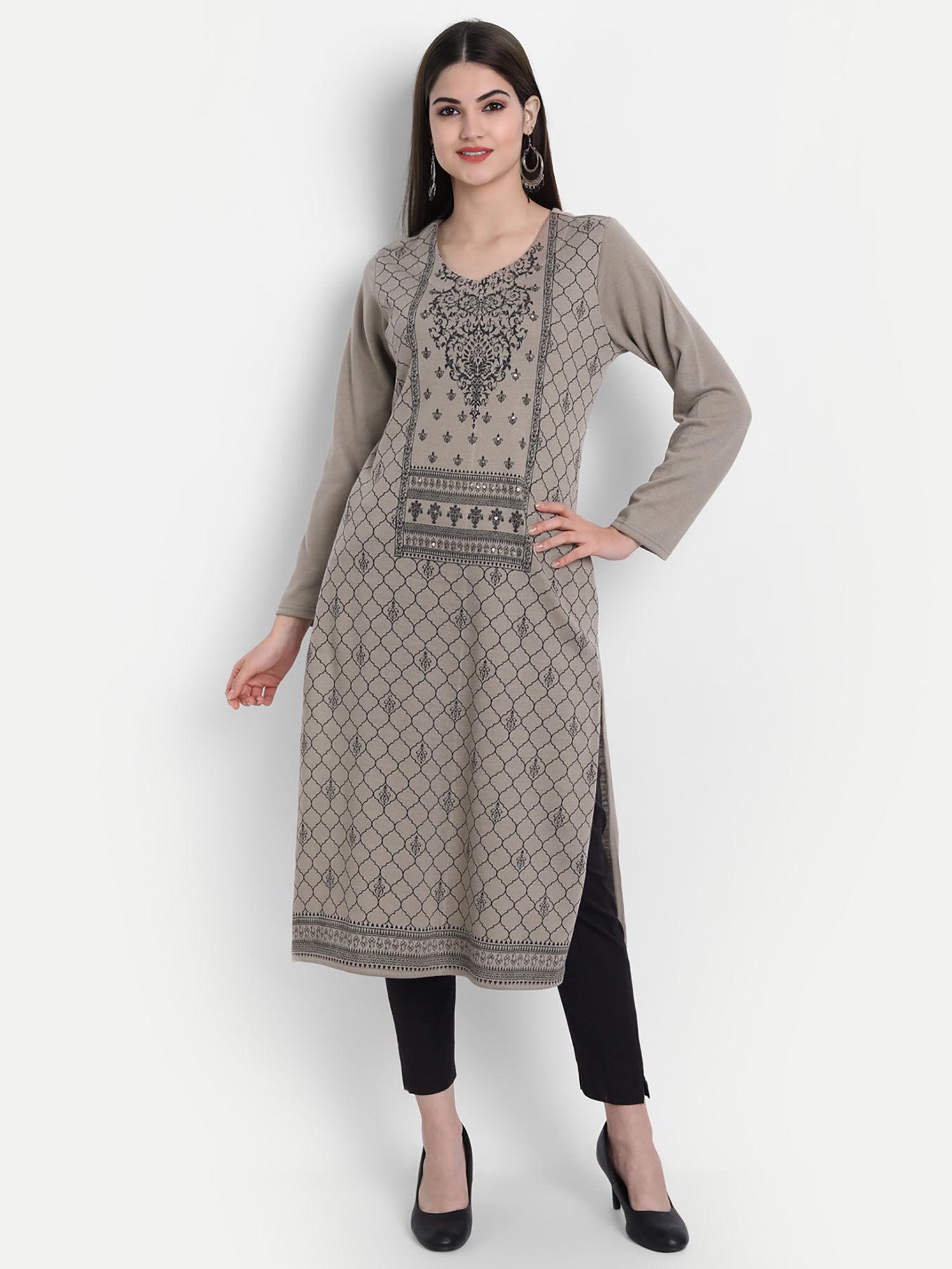 women woolen printed a line kurta wash grey