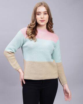 women woollen colourblock regular fit pullover with round neck