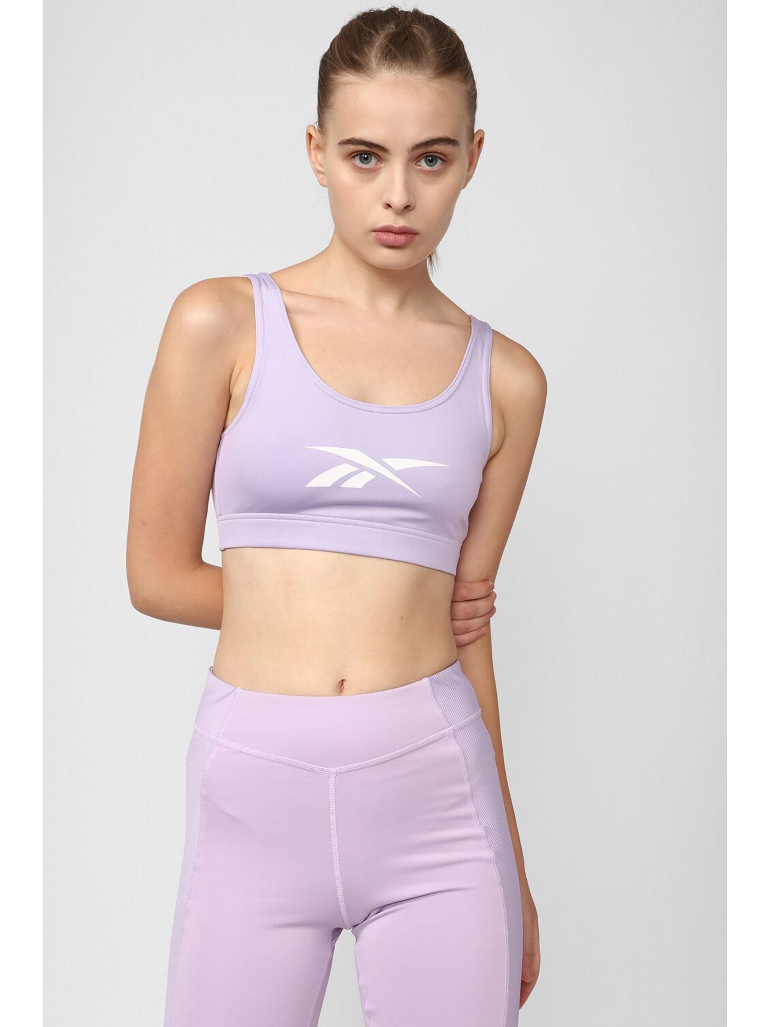 women wor new big logo lavender printed sports bra