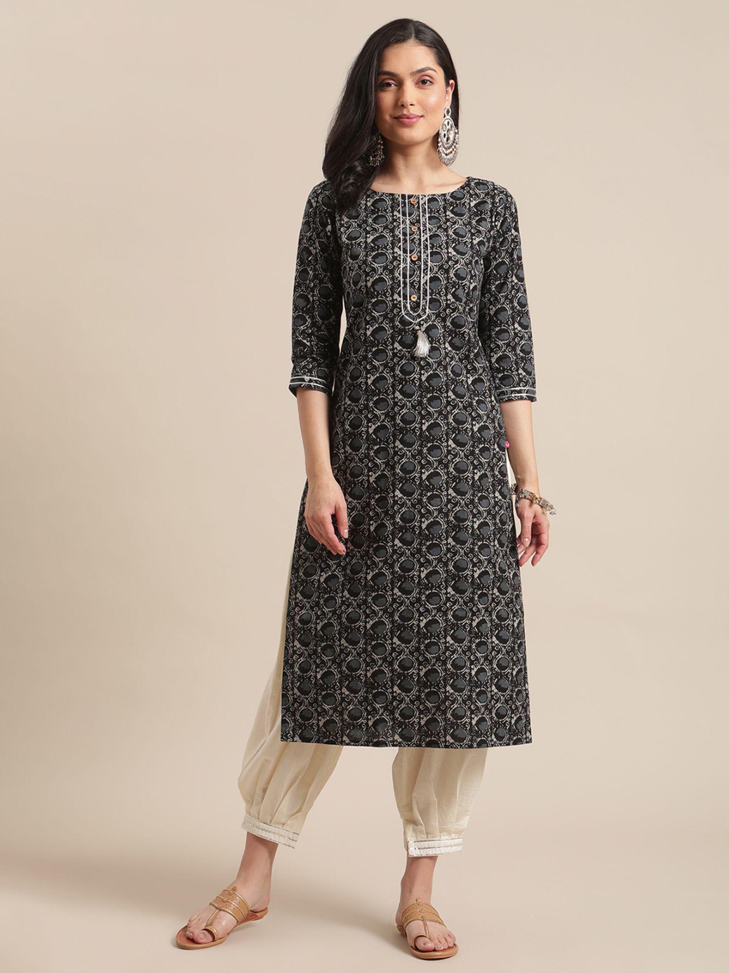 women workwear black cotton printed and gota work kurta