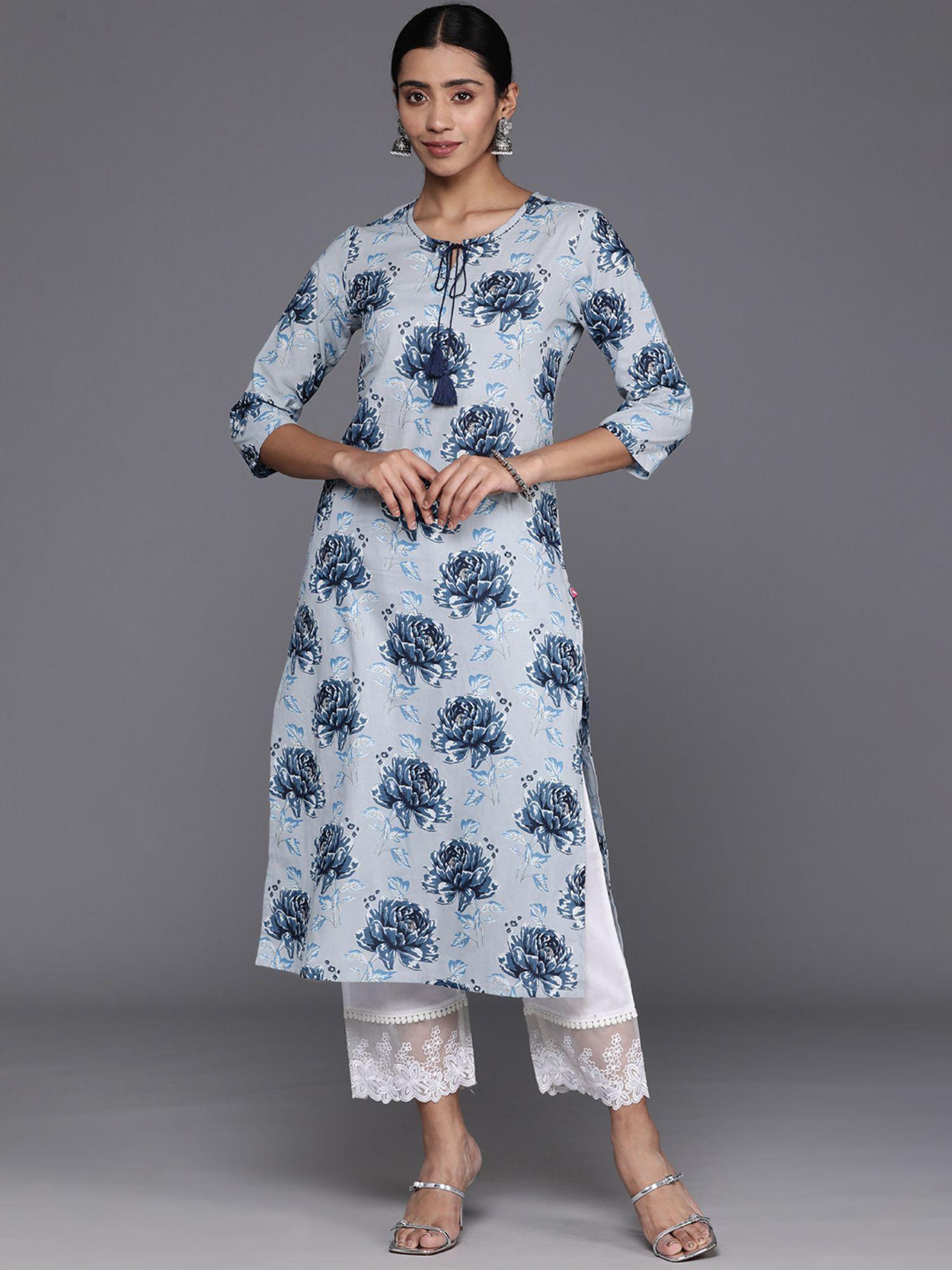 women workwear blue cotton floral printed kurta