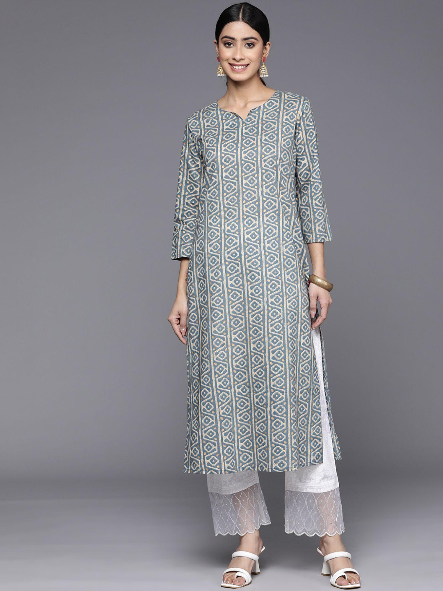 women workwear blue cotton printed kurta