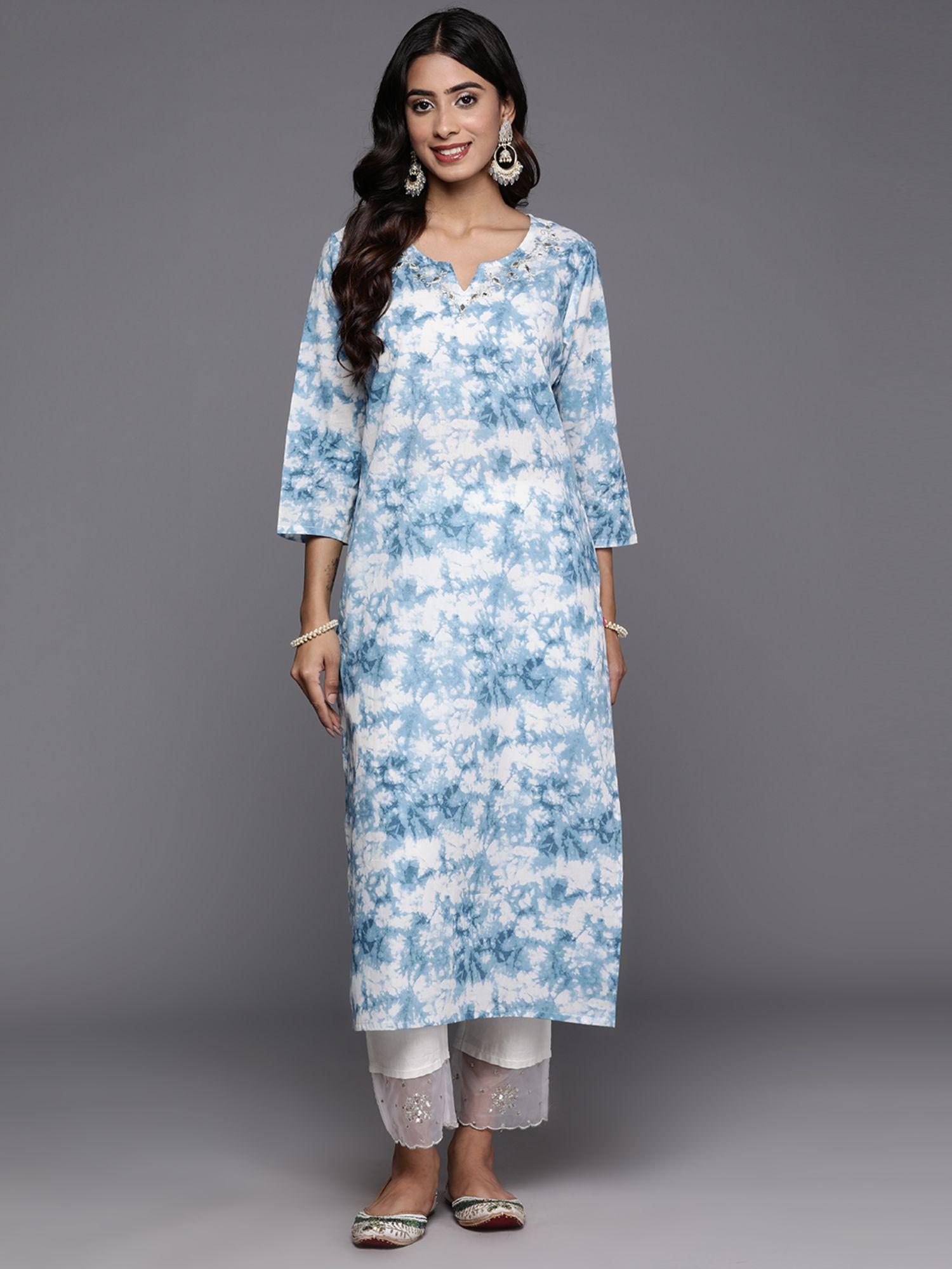 women workwear blue cotton tie & dye mirror work kurta