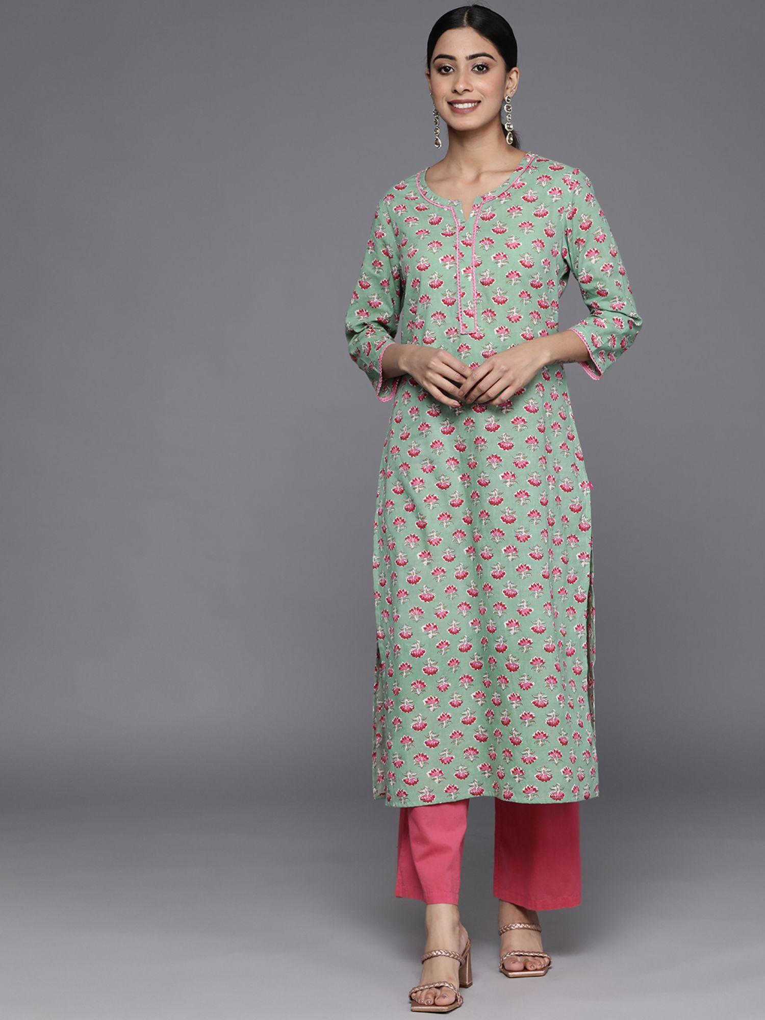 women workwear green cotton floral and lace work kurta