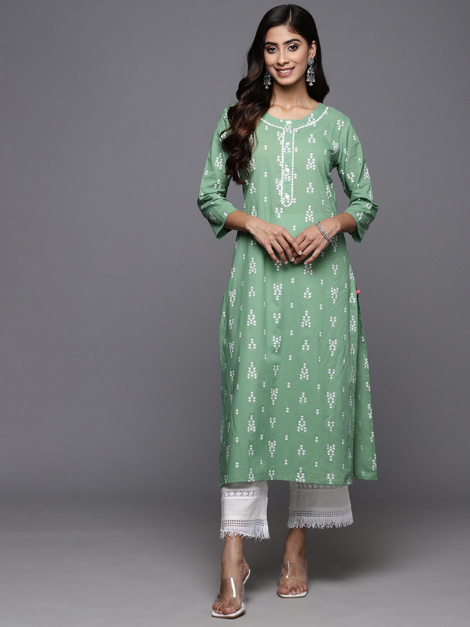 women workwear green cotton floral and thread work kurta