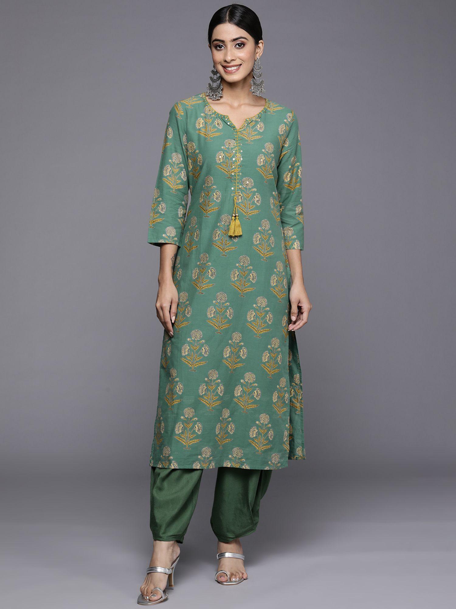 women workwear green cotton floral and thread work kurta