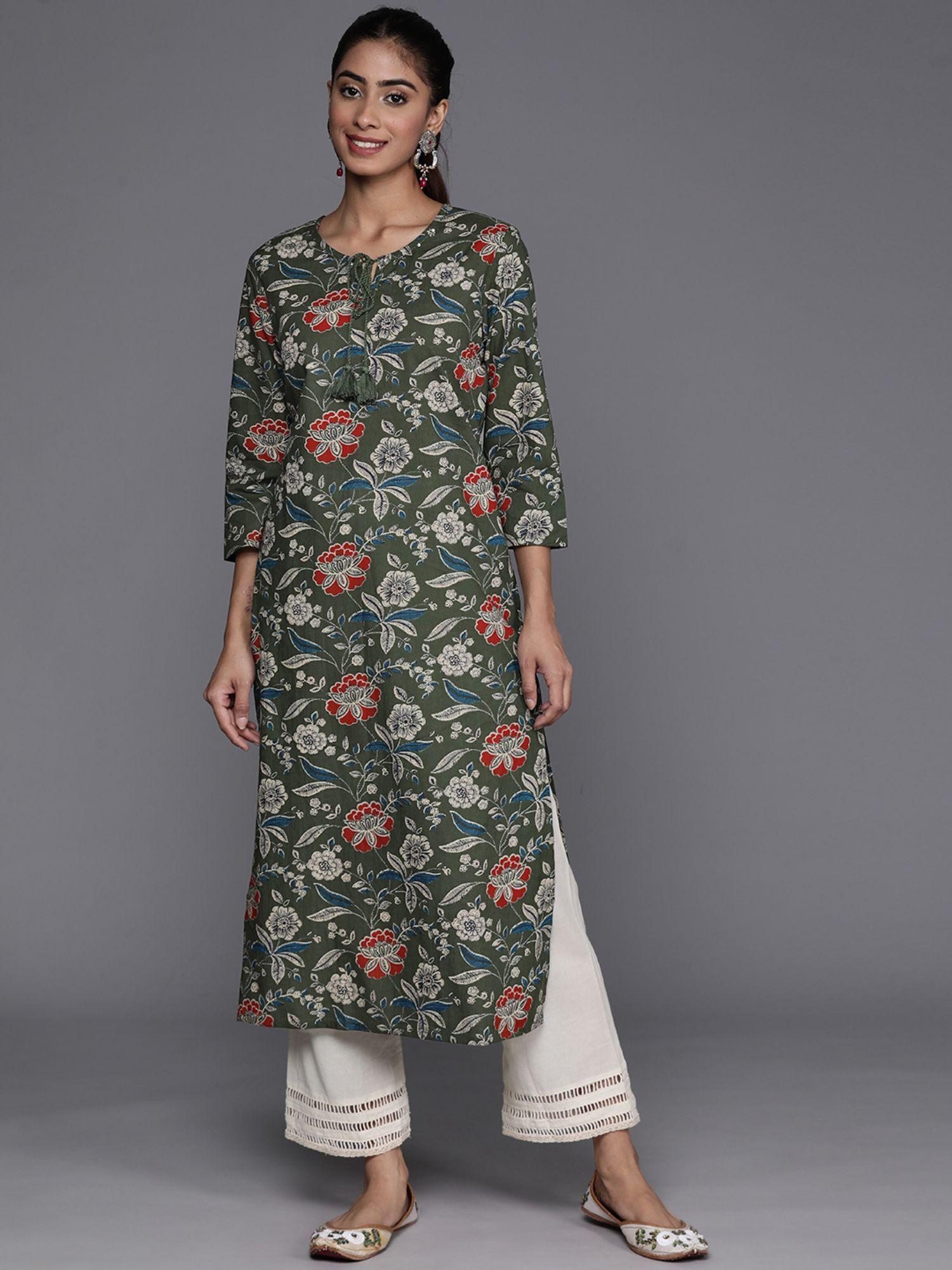 women workwear green cotton floral printed kurta