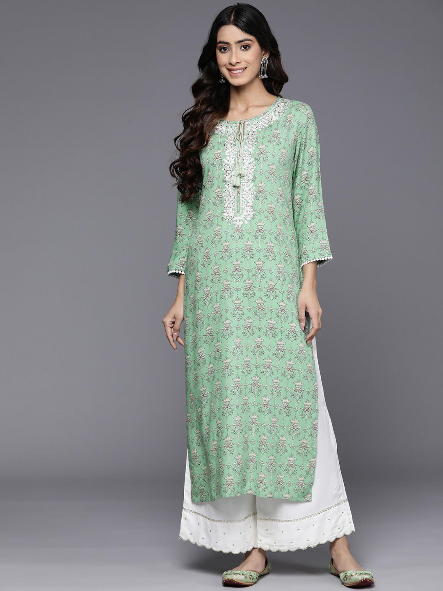 women workwear green viscose floral and mirror work kurta