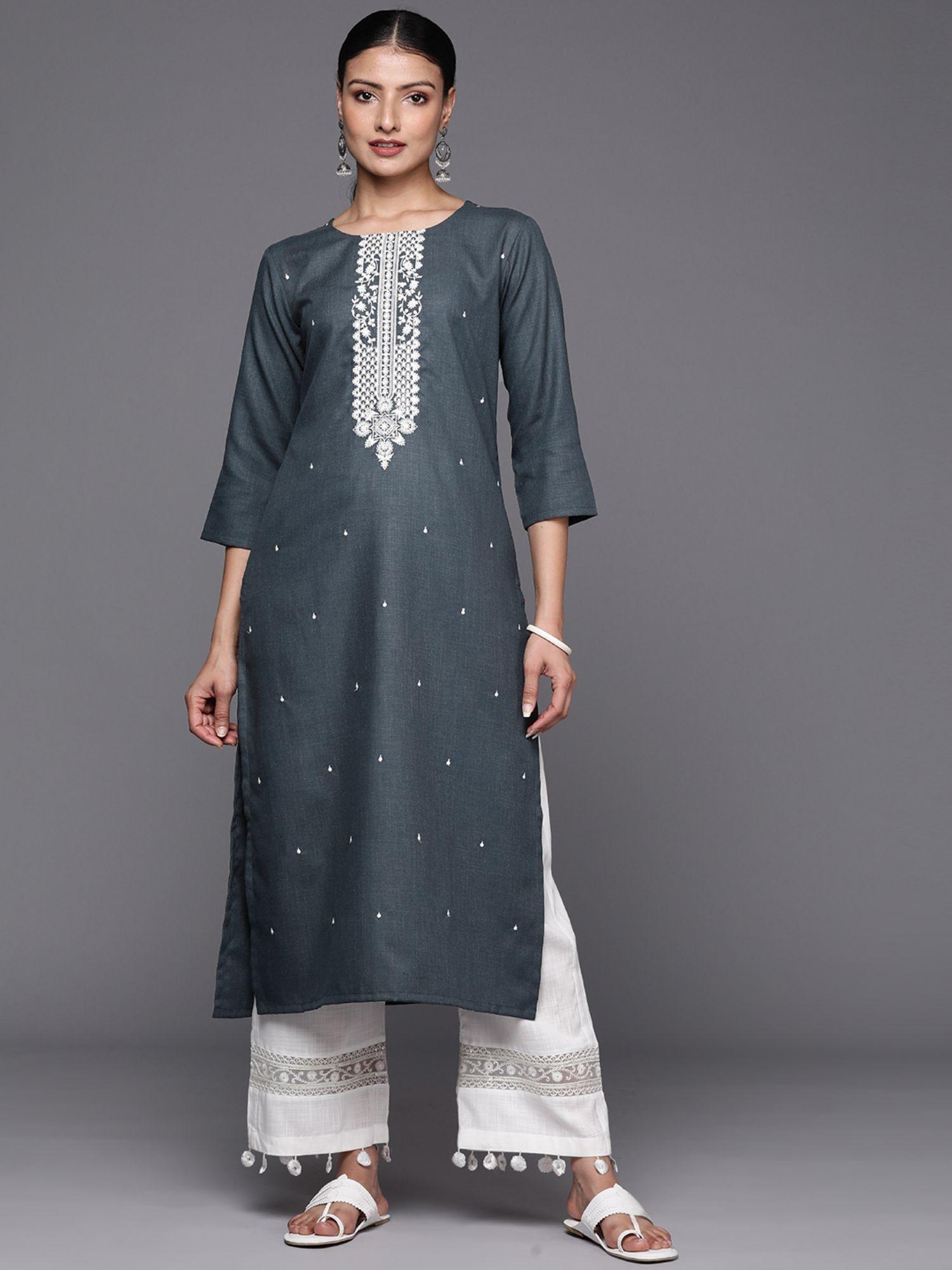 women workwear grey cotton thread work embroidered kurta